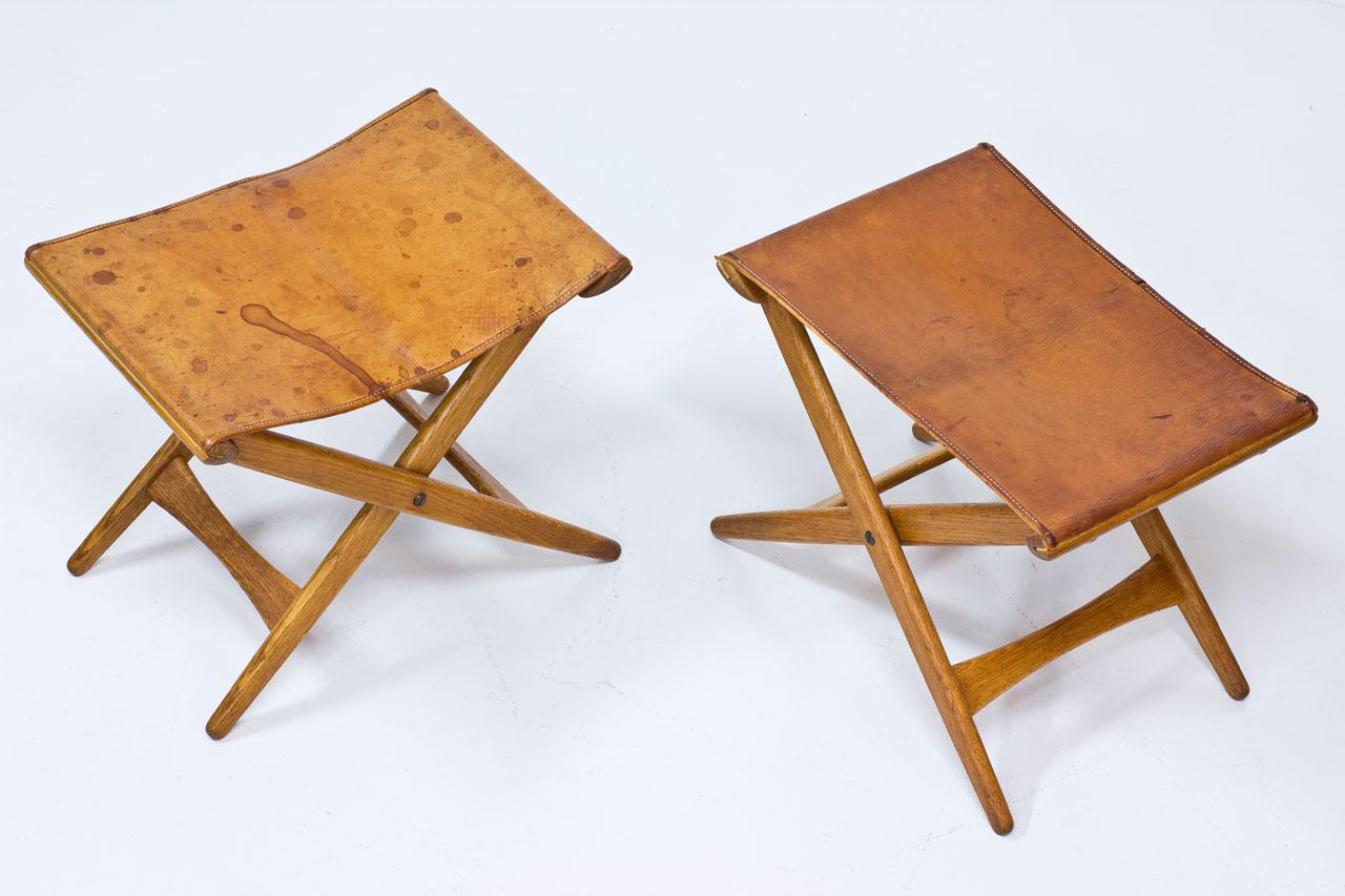 Oak and Leather Luxus Folding Stools In Fair Condition In Stockholm, SE