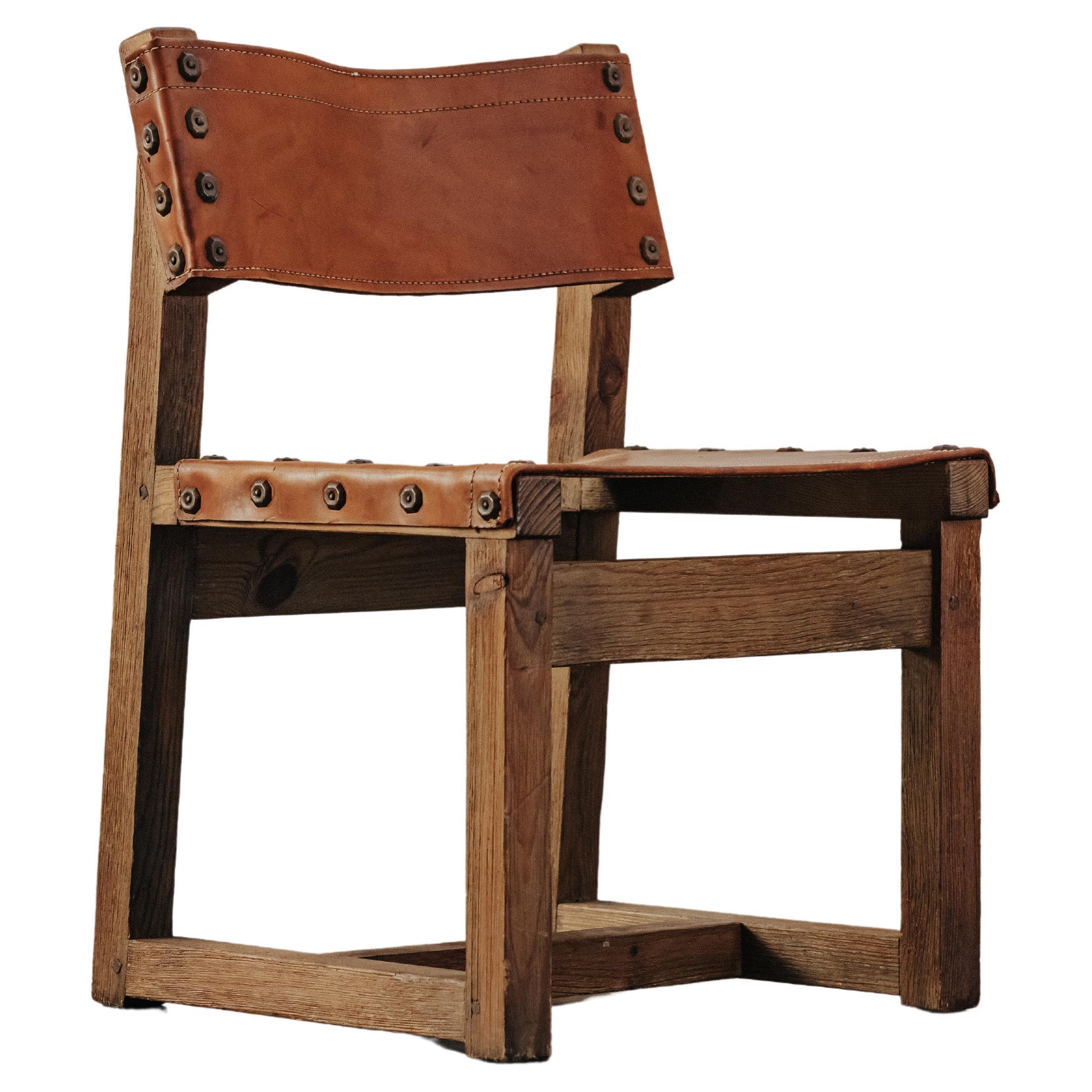 Oak Leather Side Chair From France, Circa 1970 For Sale