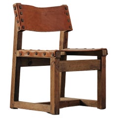 Vintage Oak Leather Side Chair From France, Circa 1970