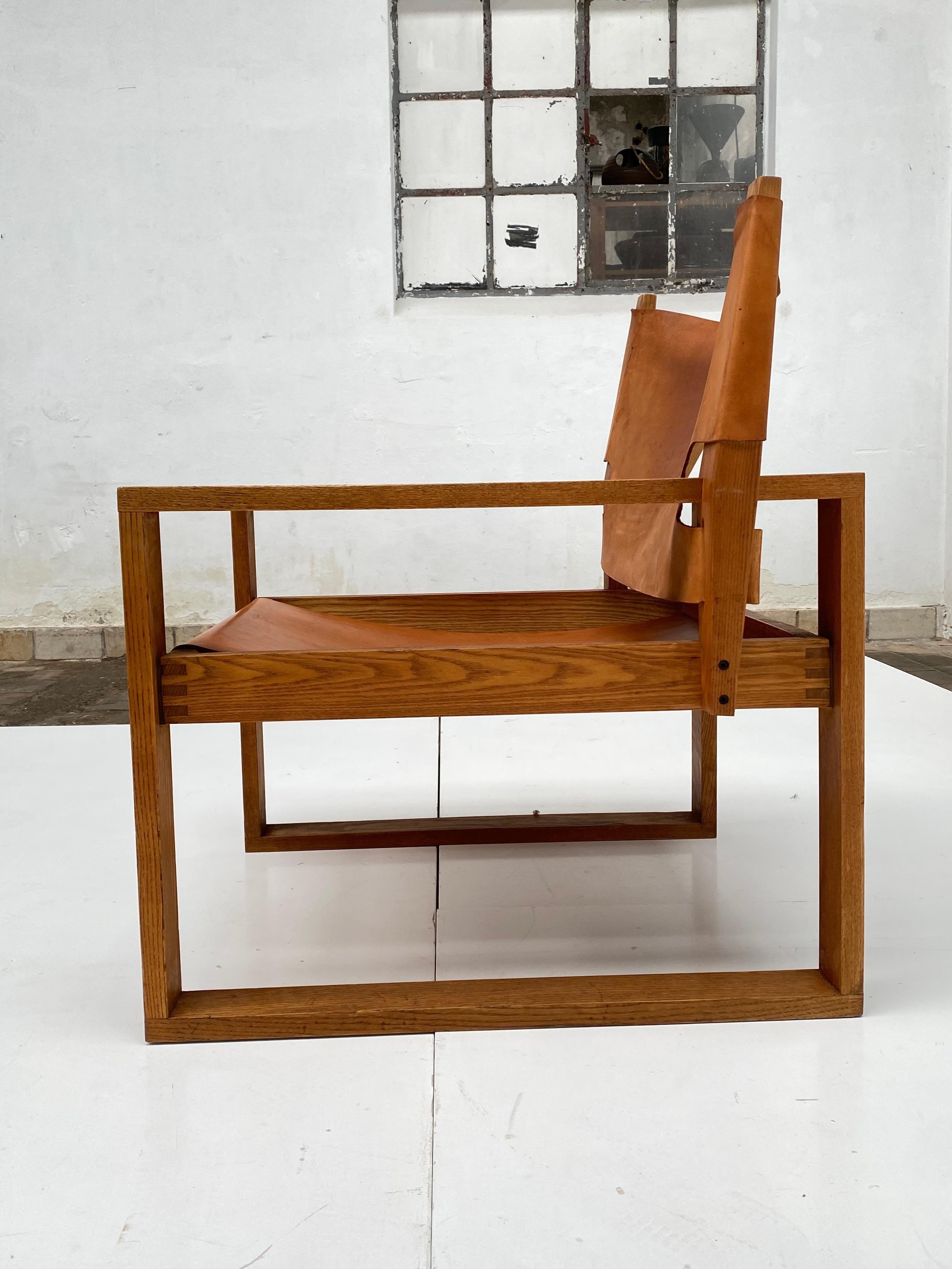 Danish Oak & Leather Sled Chair by Svend Frandsen made by Hugo Frandsen Denmark 1966  For Sale