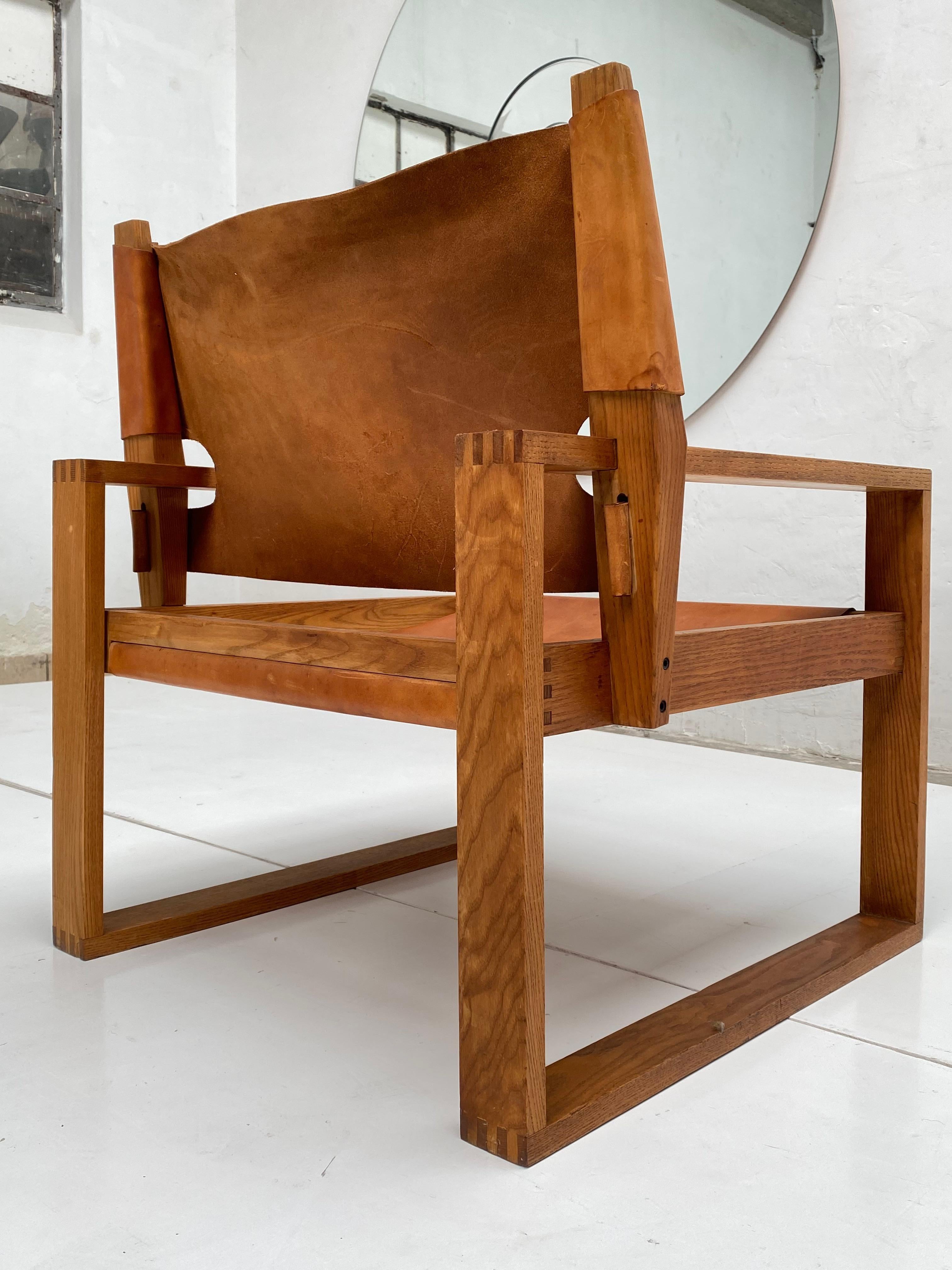 Brass Oak & Leather Sled Chair by Svend Frandsen made by Hugo Frandsen Denmark 1966 For Sale