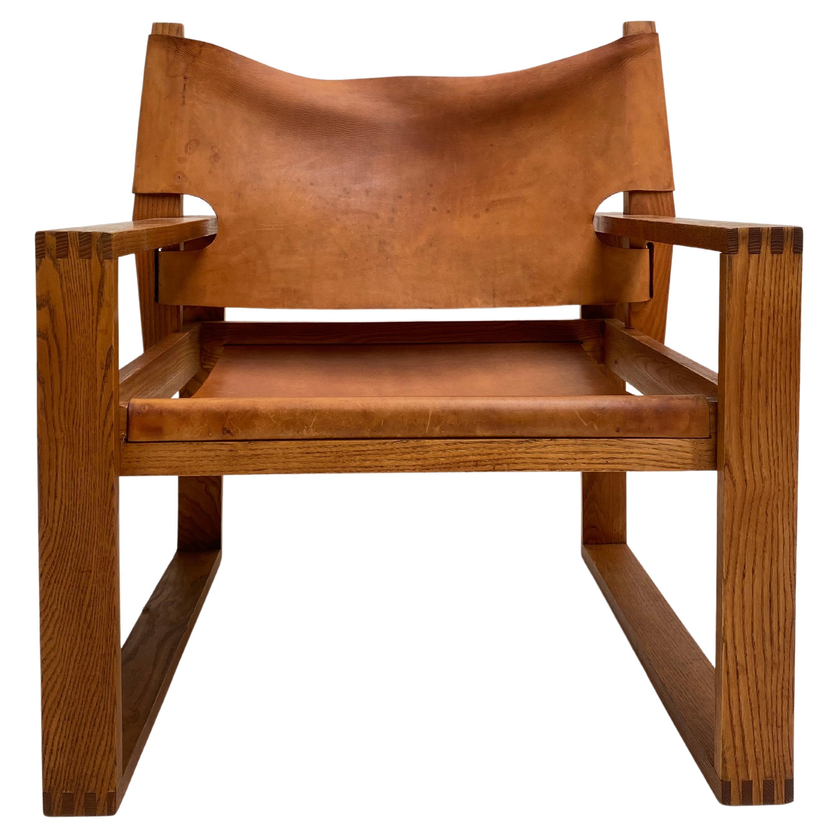 Oak & Leather Sled Chair by Svend Frandsen made by Hugo Frandsen Denmark 1966 For Sale