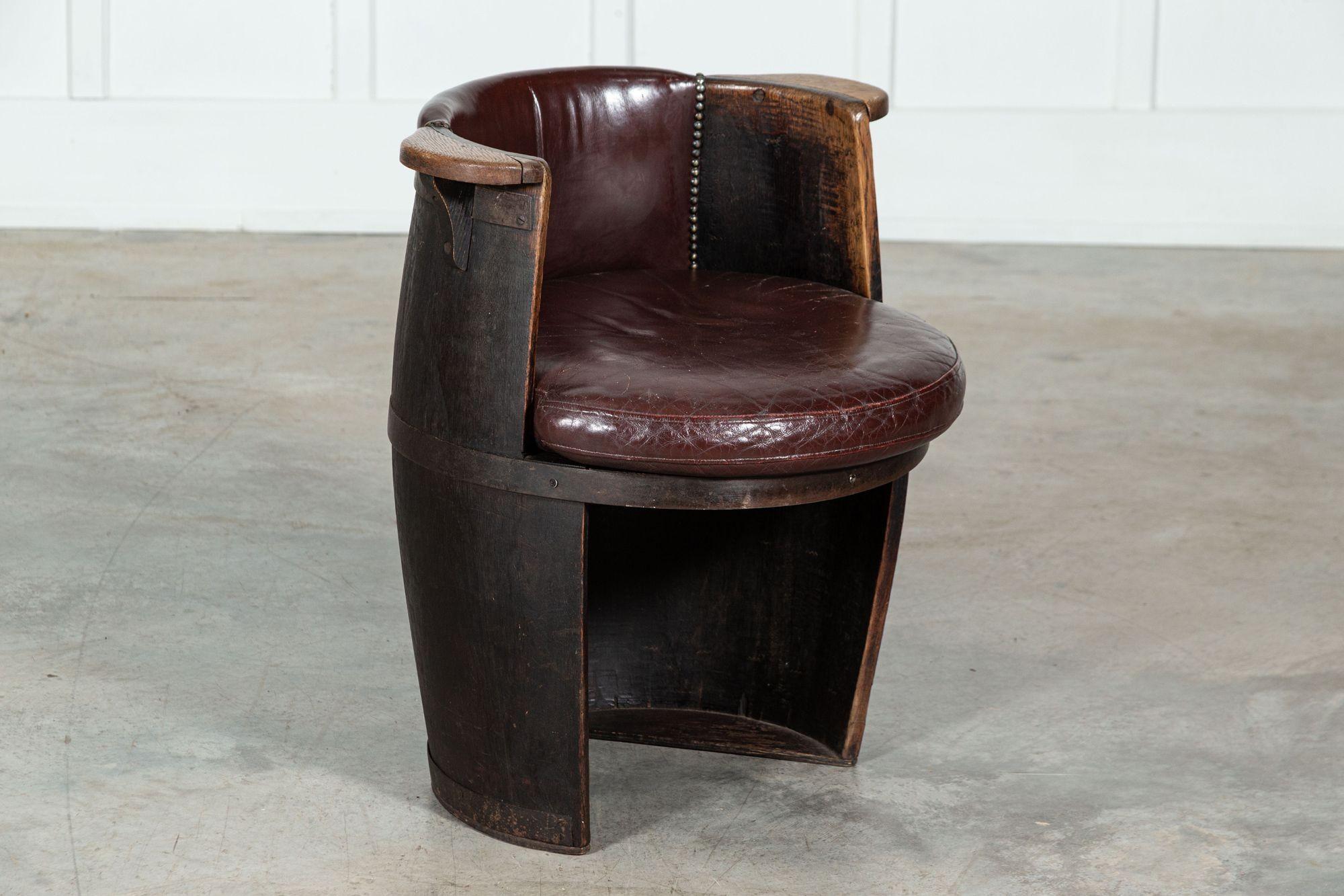 circa 1920
Oak & Leather Whiskey Barrell Chair

W59 x D53 x H72 cm
Seat height 49 cm.