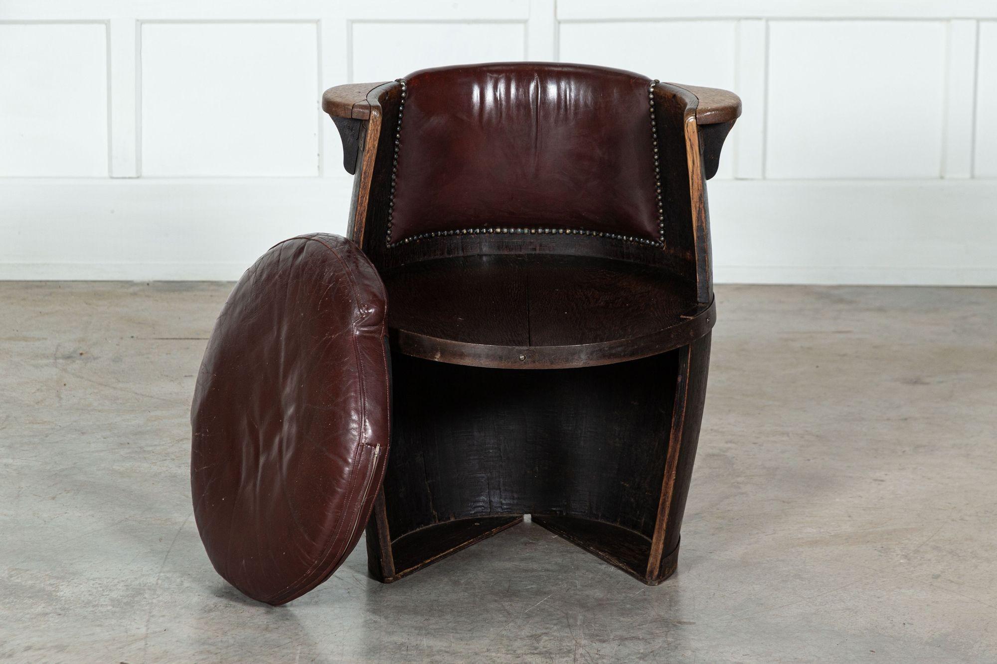 Oak & Leather Whiskey Barrell Chair In Good Condition For Sale In Staffordshire, GB