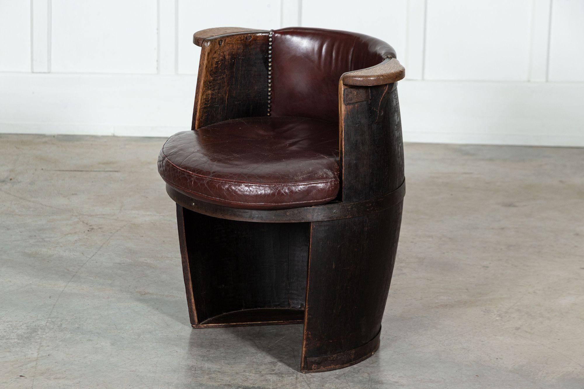 Early 20th Century Oak & Leather Whiskey Barrell Chair For Sale