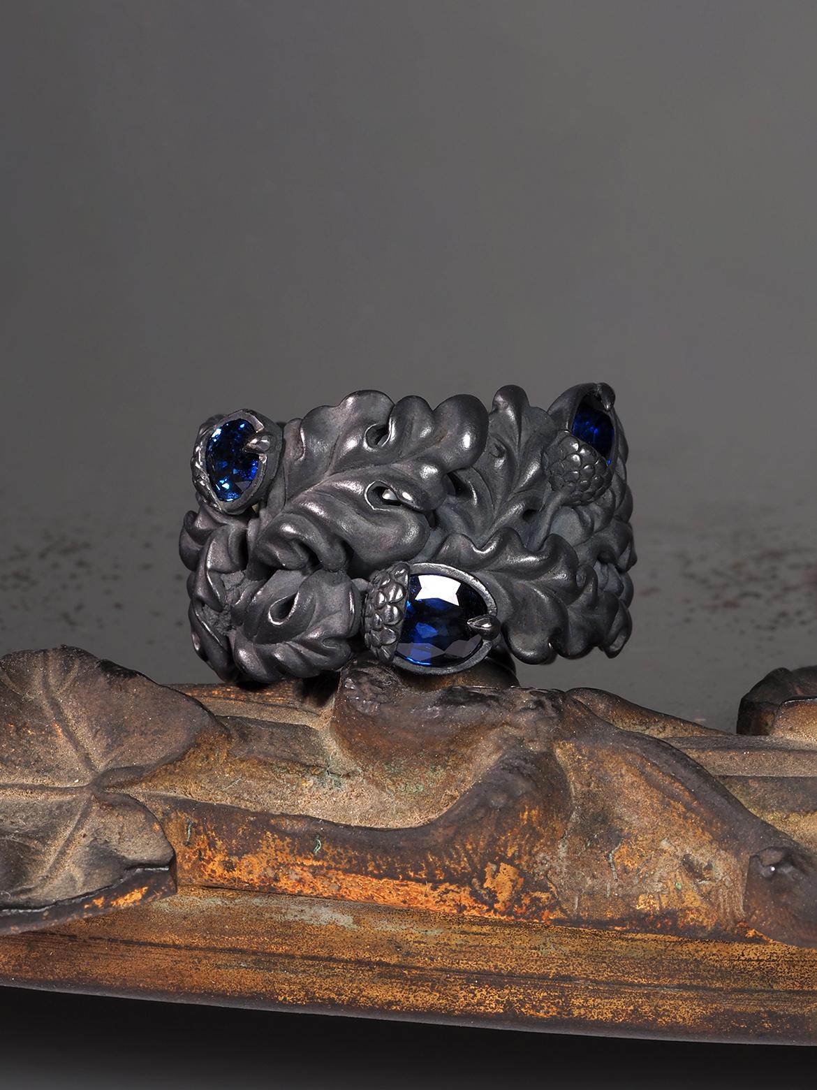 Oak Leaves Blue Sapphire Patinated Ring gift special person wedding anniversary For Sale 9