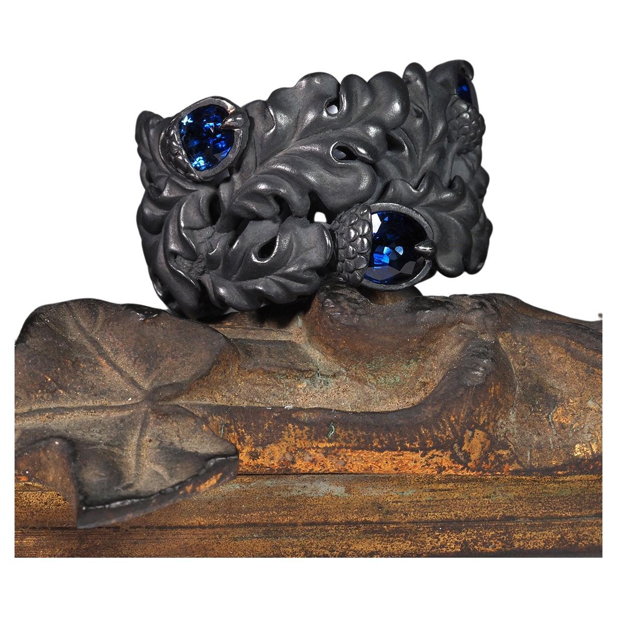 Oak Leaves Blue Sapphire Patinated Ring gift special person wedding anniversary en vente 11