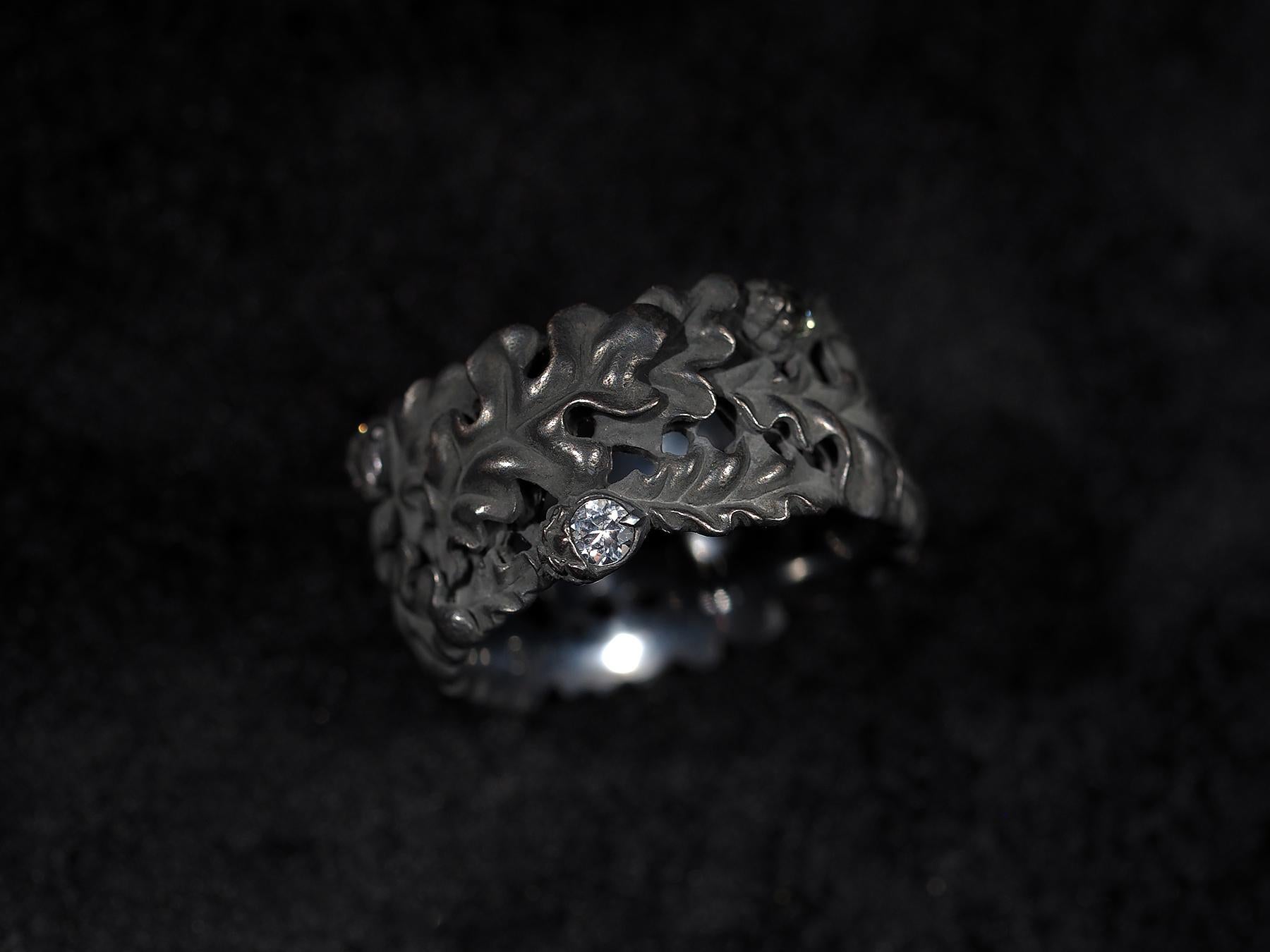 Oak Leaves Sapphires Ring Acorns Silver Black Patina Einzigartige Geschenkidee zur Verlobung im Angebot 7