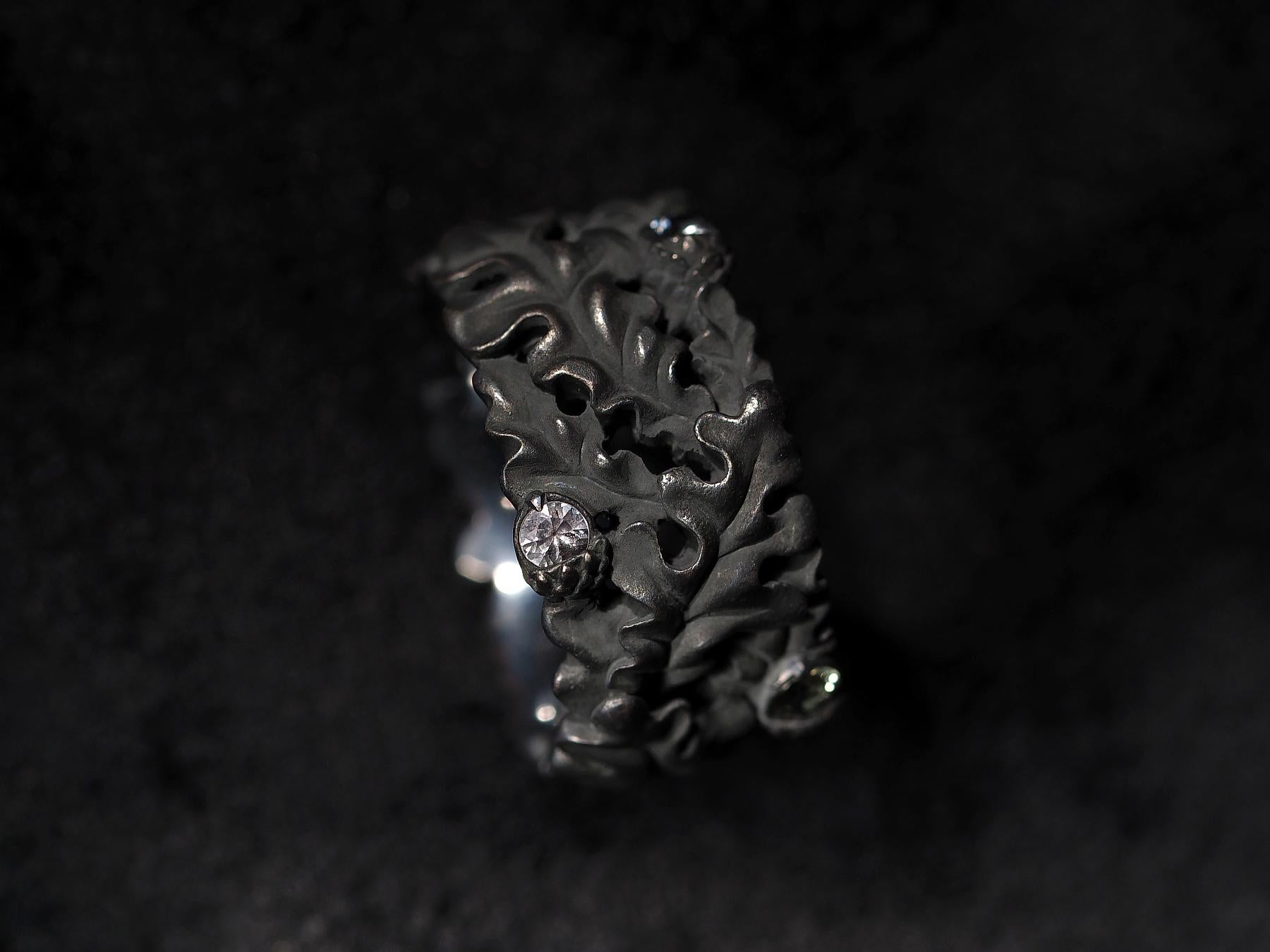 Oak Leaves Sapphires Ring Acorns Silver Black Patina Einzigartige Geschenkidee zur Verlobung im Angebot 8