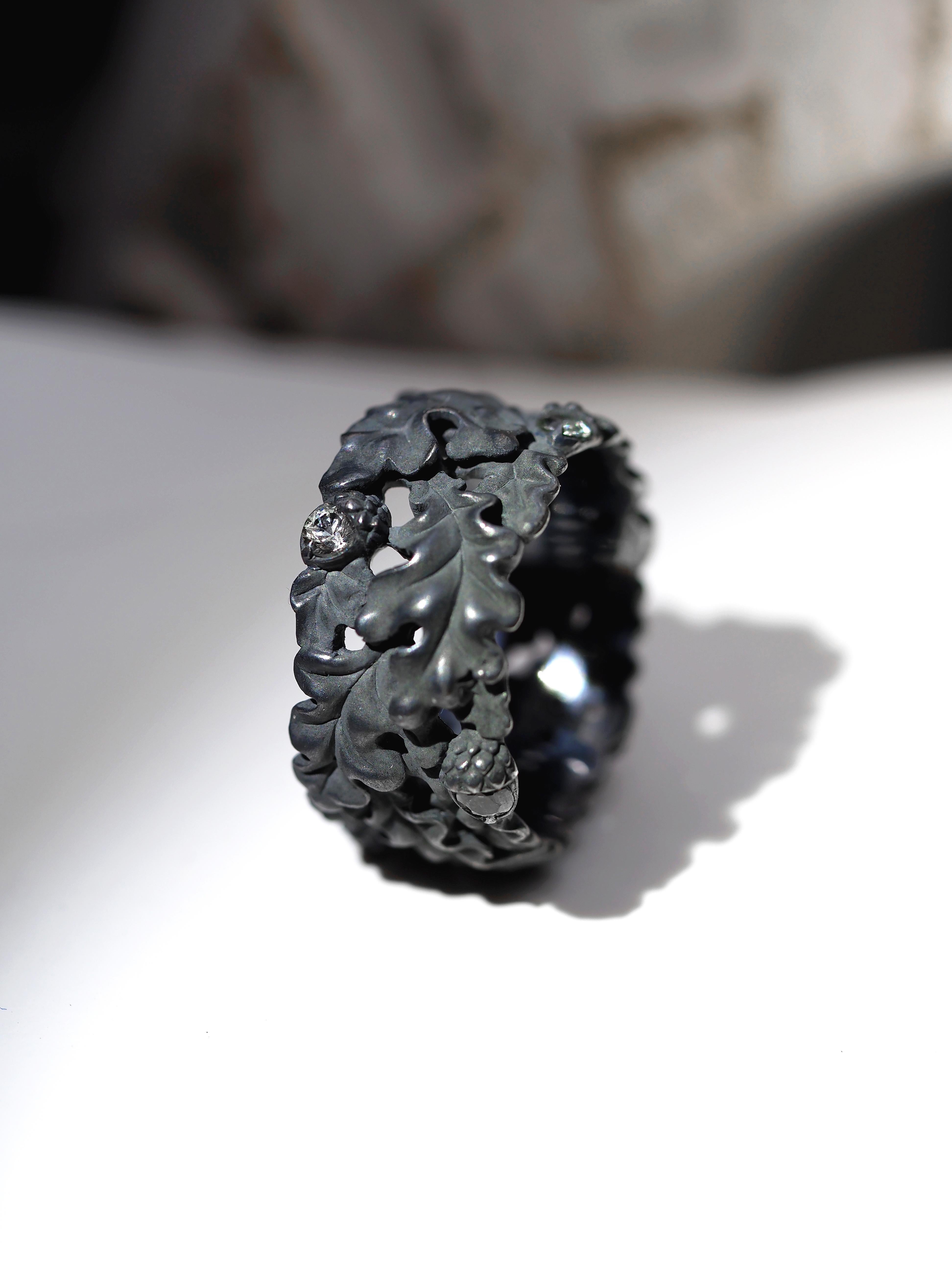 Oak Leaves Sapphires Ring Acorns Silver Black Patina Einzigartige Geschenkidee zur Verlobung (Kunsthandwerker*in) im Angebot