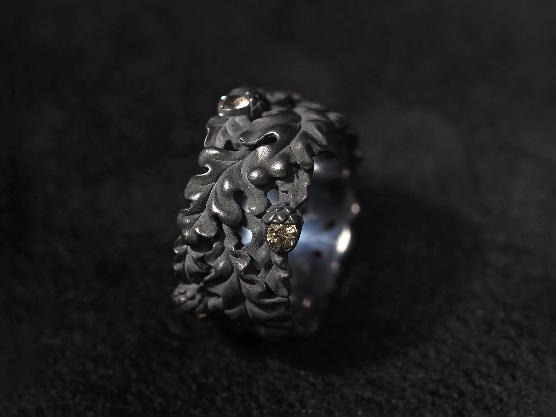 Oak Leaves Sapphires Ring Acorns Silver Black Patina Einzigartige Geschenkidee zur Verlobung im Angebot 3