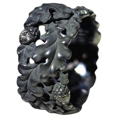 Oak Leaves Sapphires Ring Acorns Silver Black Patina Idée de cadeau de fiançailles unique