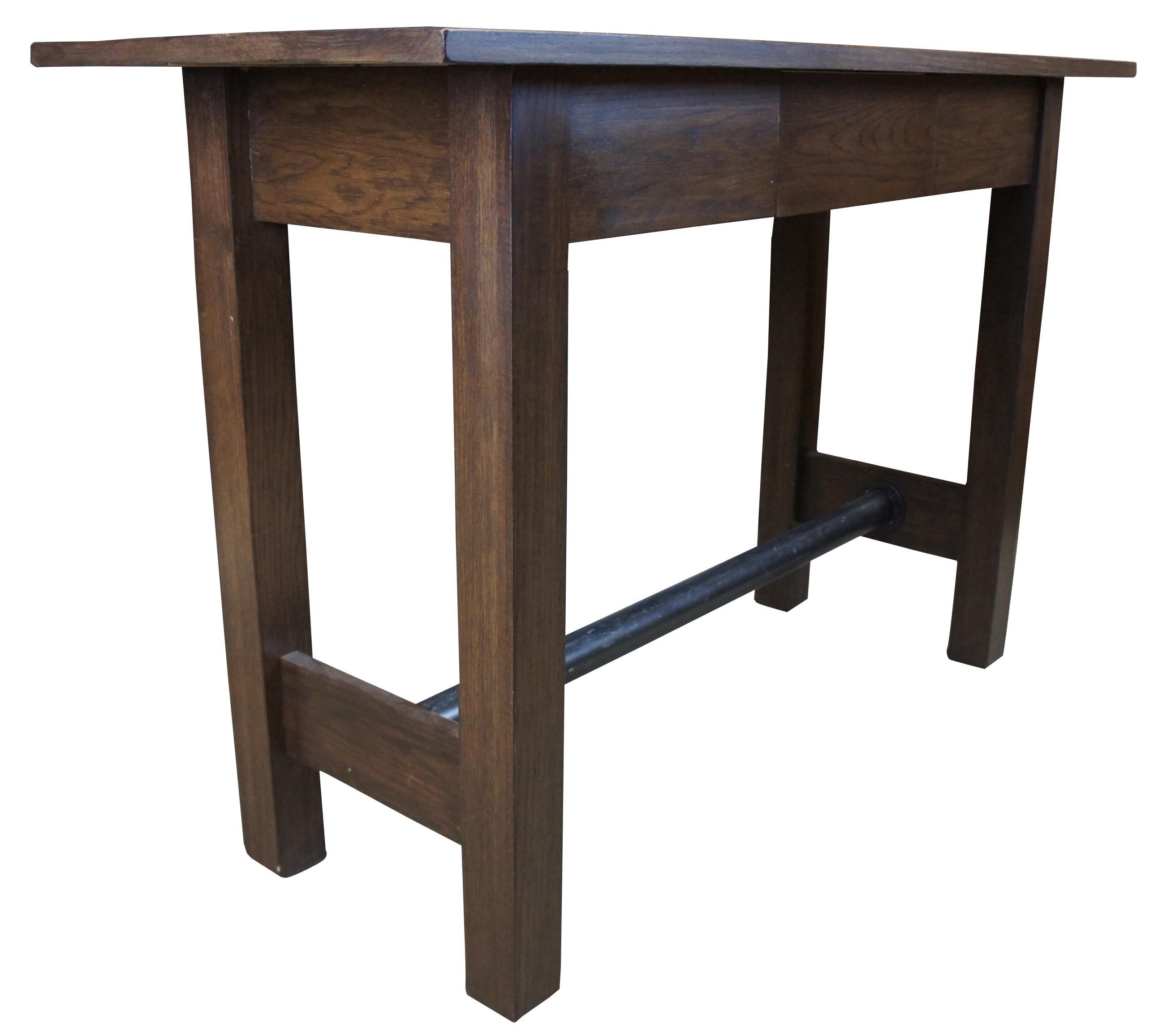 Rustic Oak Library Pub Iron Base Trestle Table Industrial Standing Desk Kitchen Island