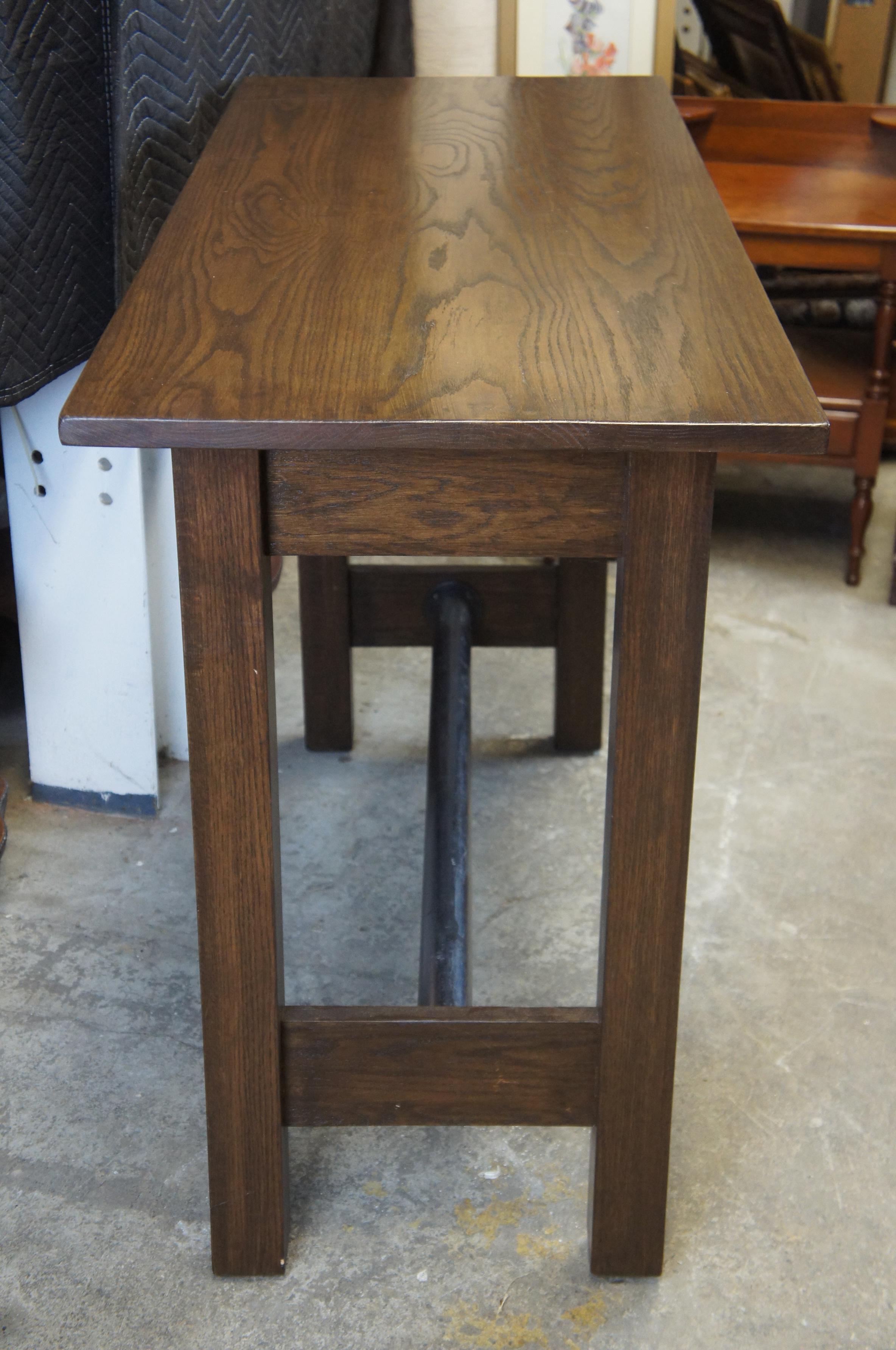 Oak Library Pub Iron Base Trestle Table Industrial Standing Desk Kitchen Island In Good Condition In Dayton, OH
