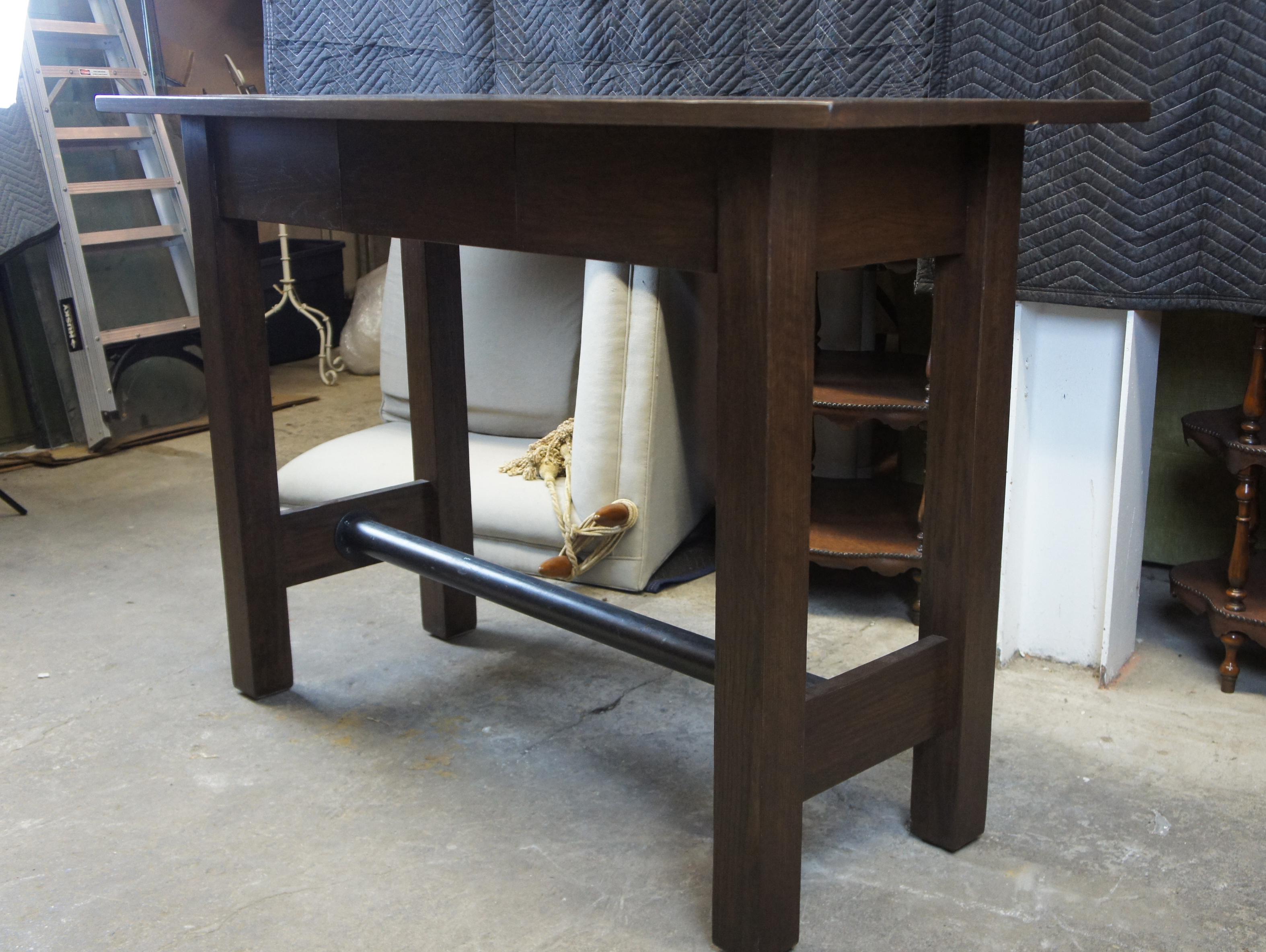 Oak Library Pub Iron Base Trestle Table Industrial Standing Desk Kitchen Island 3