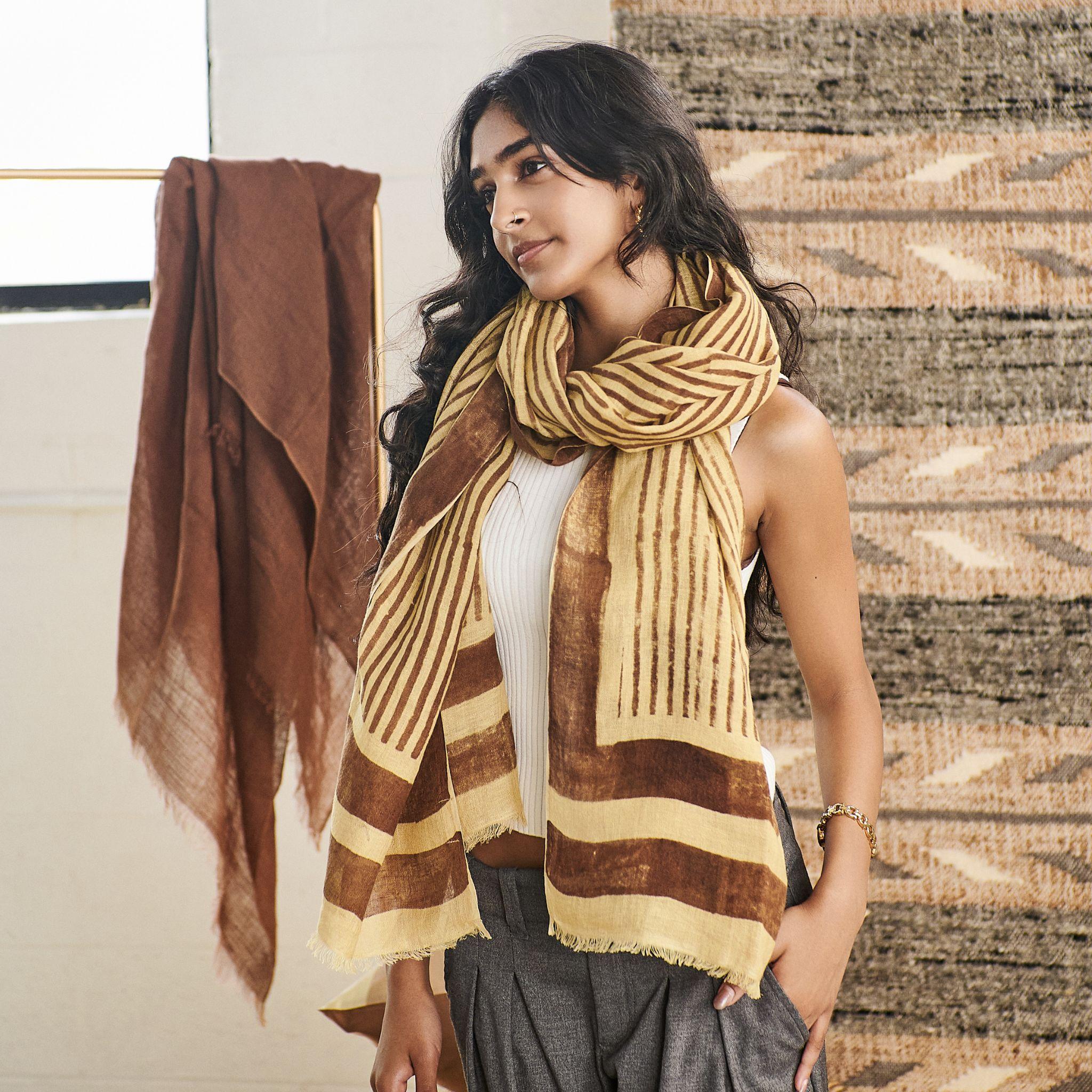 Women's Oak Linen Scarf , Handwoven By Artisans Hand Block Printed in Brown Hues For Sale