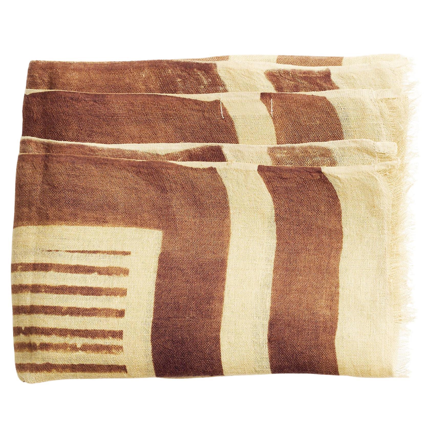 Oak Linen Scarf , Handwoven By Artisans Hand Block Printed in Brown Hues For Sale