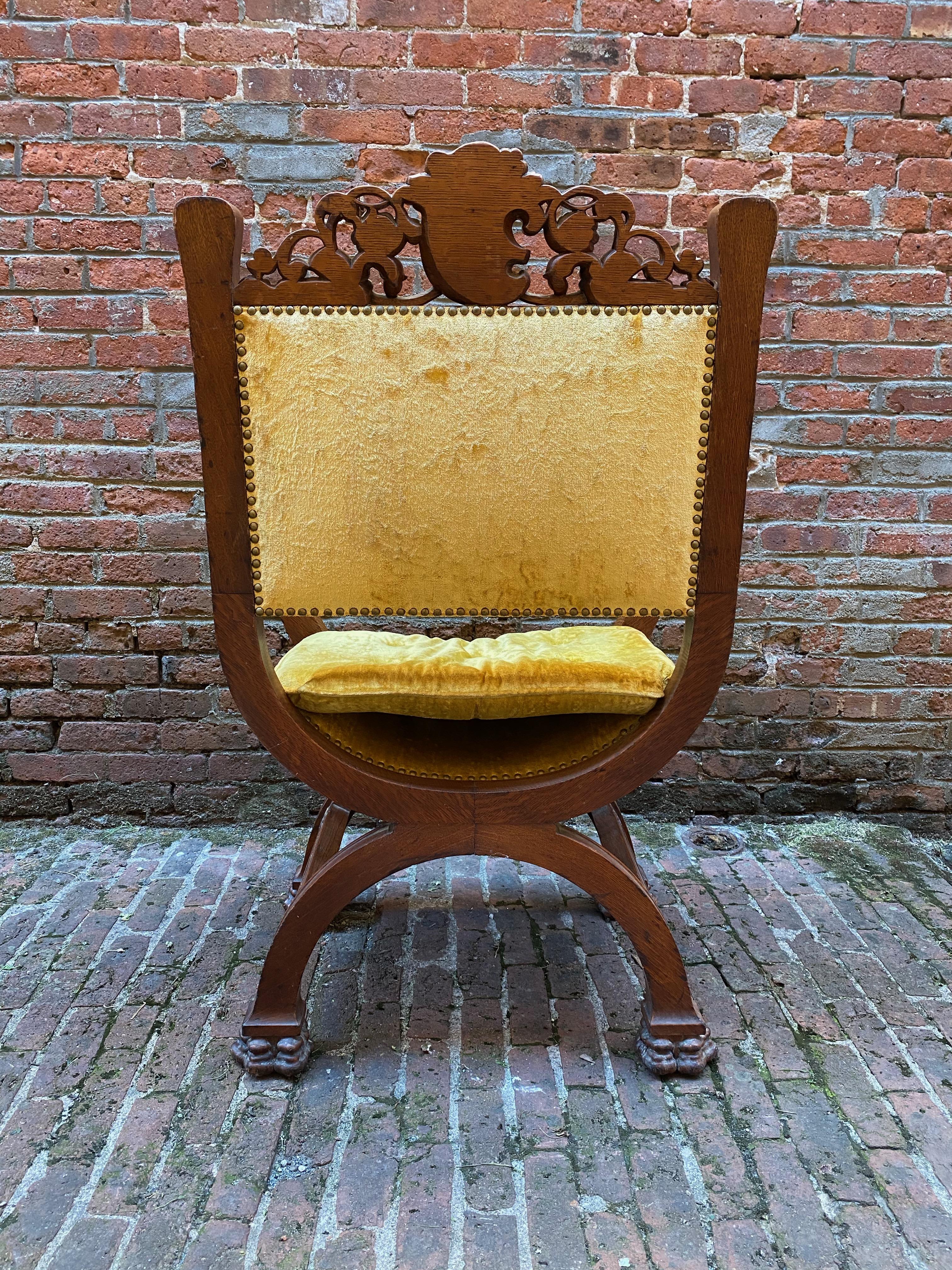 Victorian Oak Lions Head Savonarola Chair