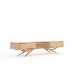 Oak long TV stand lowboard with slatted door in mid century modern style