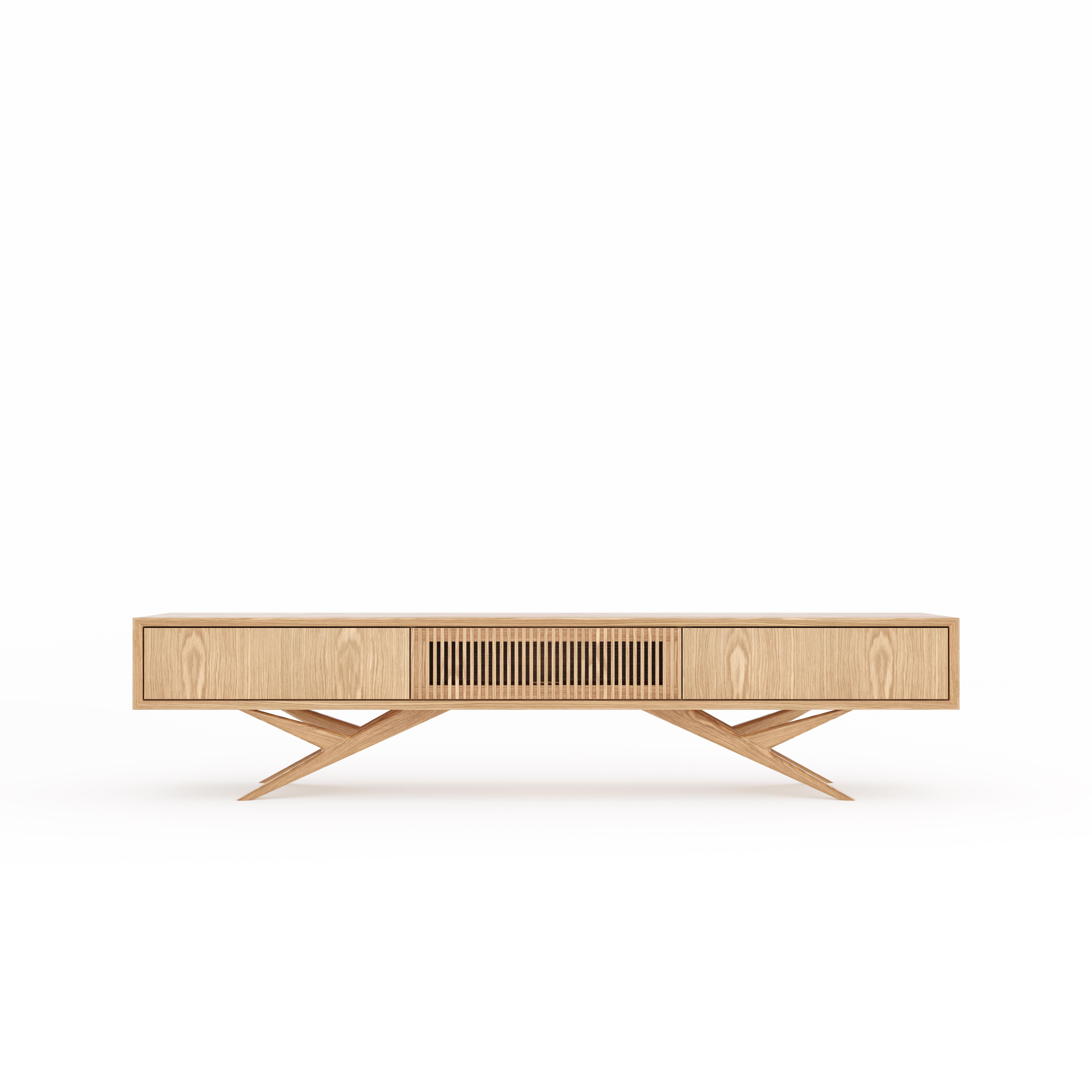 Mid-Century Modern Oak long TV stand lowboard with slatted door in mid century modern style For Sale