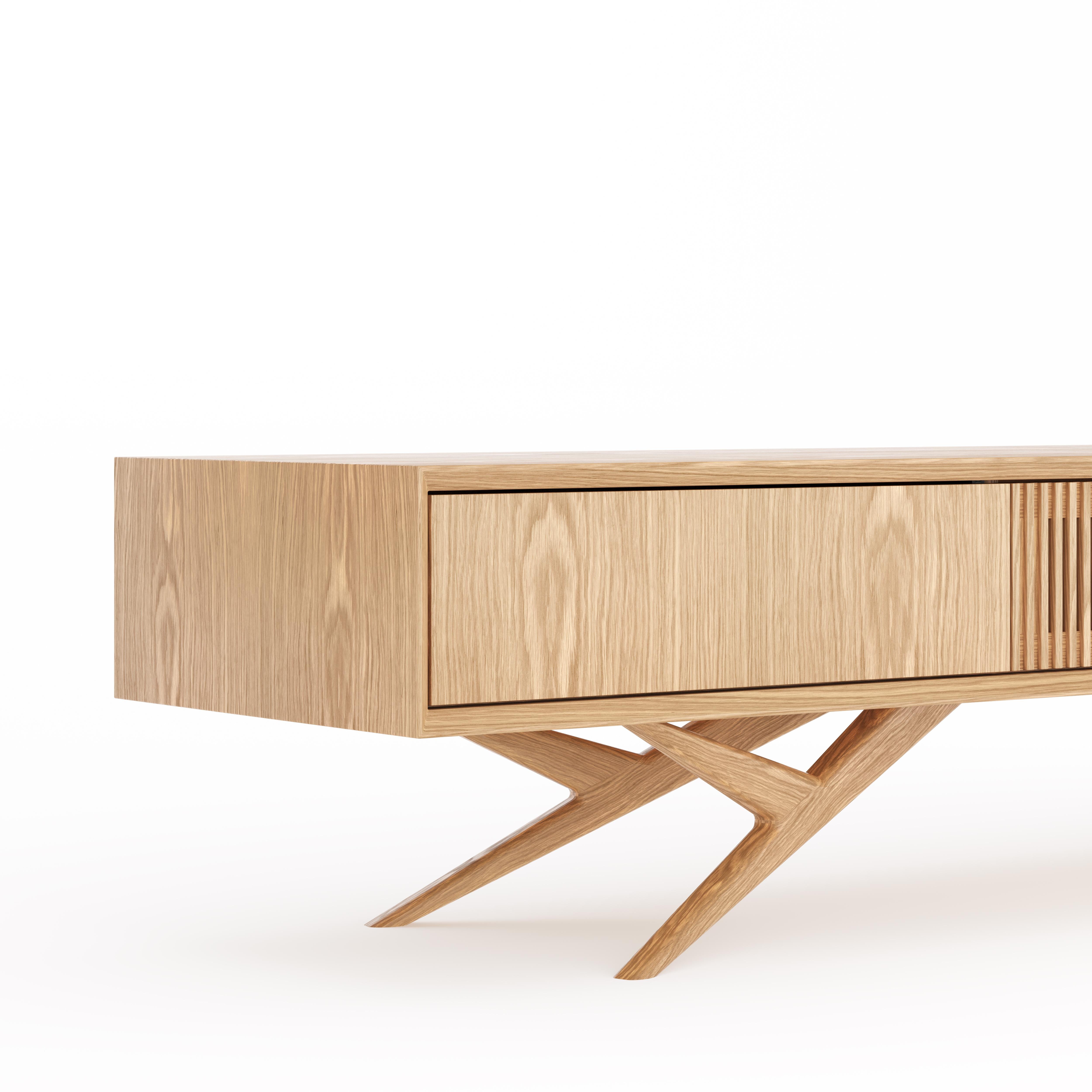 Hand-Crafted Oak long TV stand lowboard with slatted door in mid century modern style For Sale