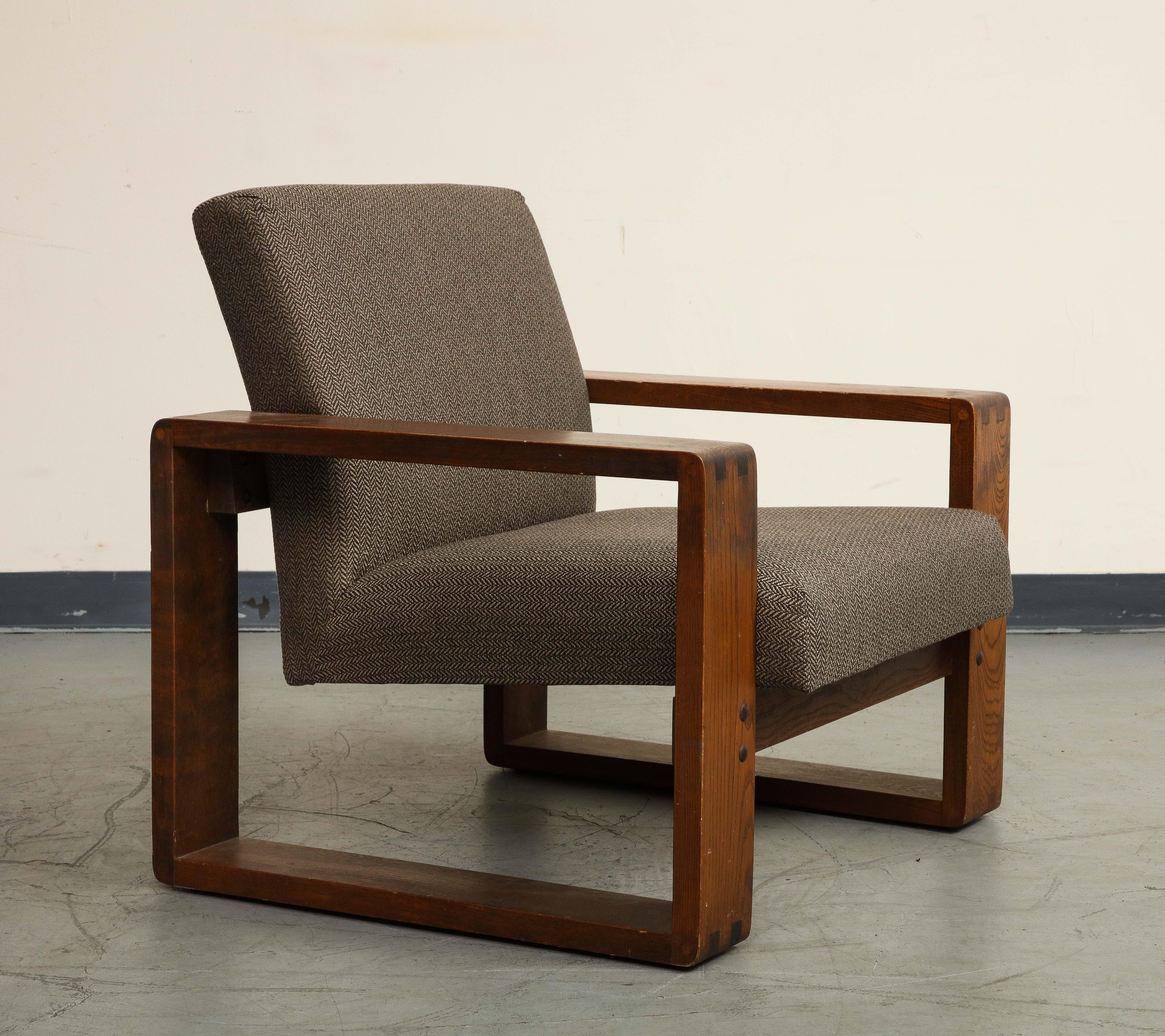 American Oak Lounge Chair by Hans Krieks with Herringbone Upholstery, circa 1970s For Sale