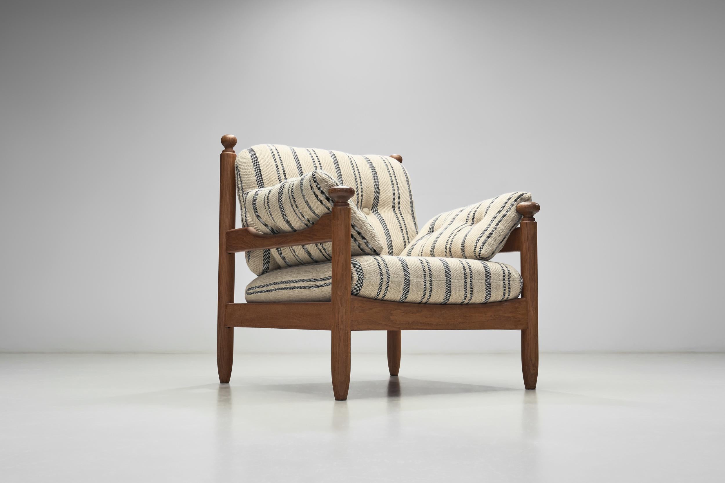 Oak Lounge Chair with Striped Cushions, The Netherlands 1960s For Sale 10