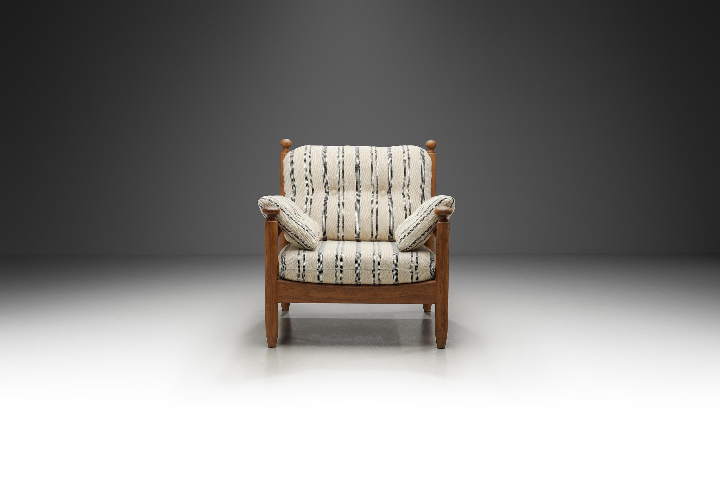 Mid-Century Modern Oak Lounge Chair with Striped Cushions, The Netherlands 1960s For Sale