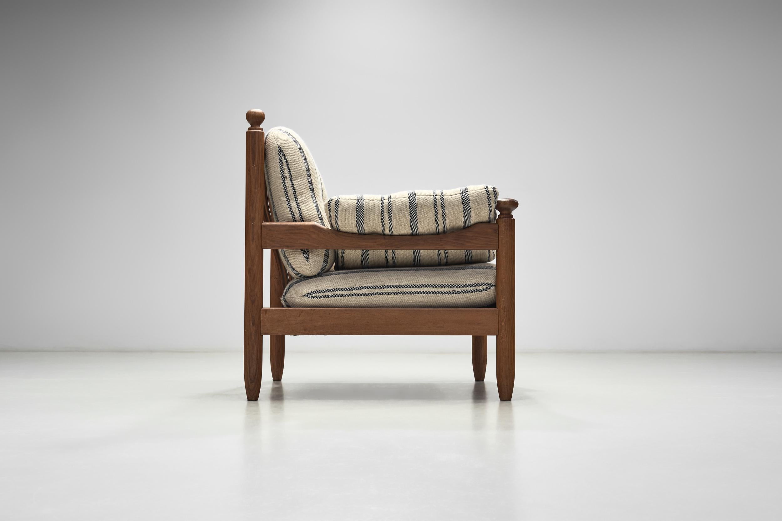Fabric Oak Lounge Chair with Striped Cushions, The Netherlands 1960s For Sale