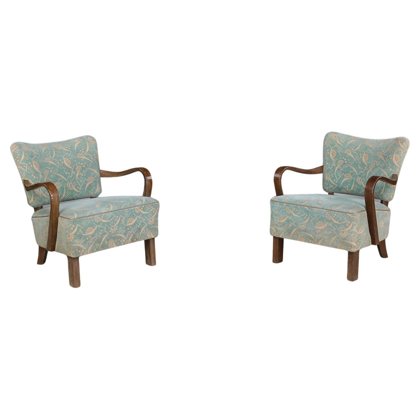 Bentwood Armchairs by Jindřich Halabala with Original Antonín Kybal Upholstery.
