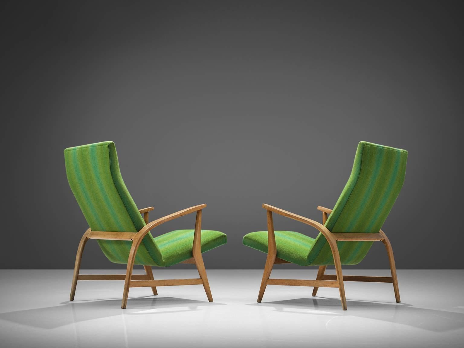 Danish Oak Lounge Chairs in Green Upholstery