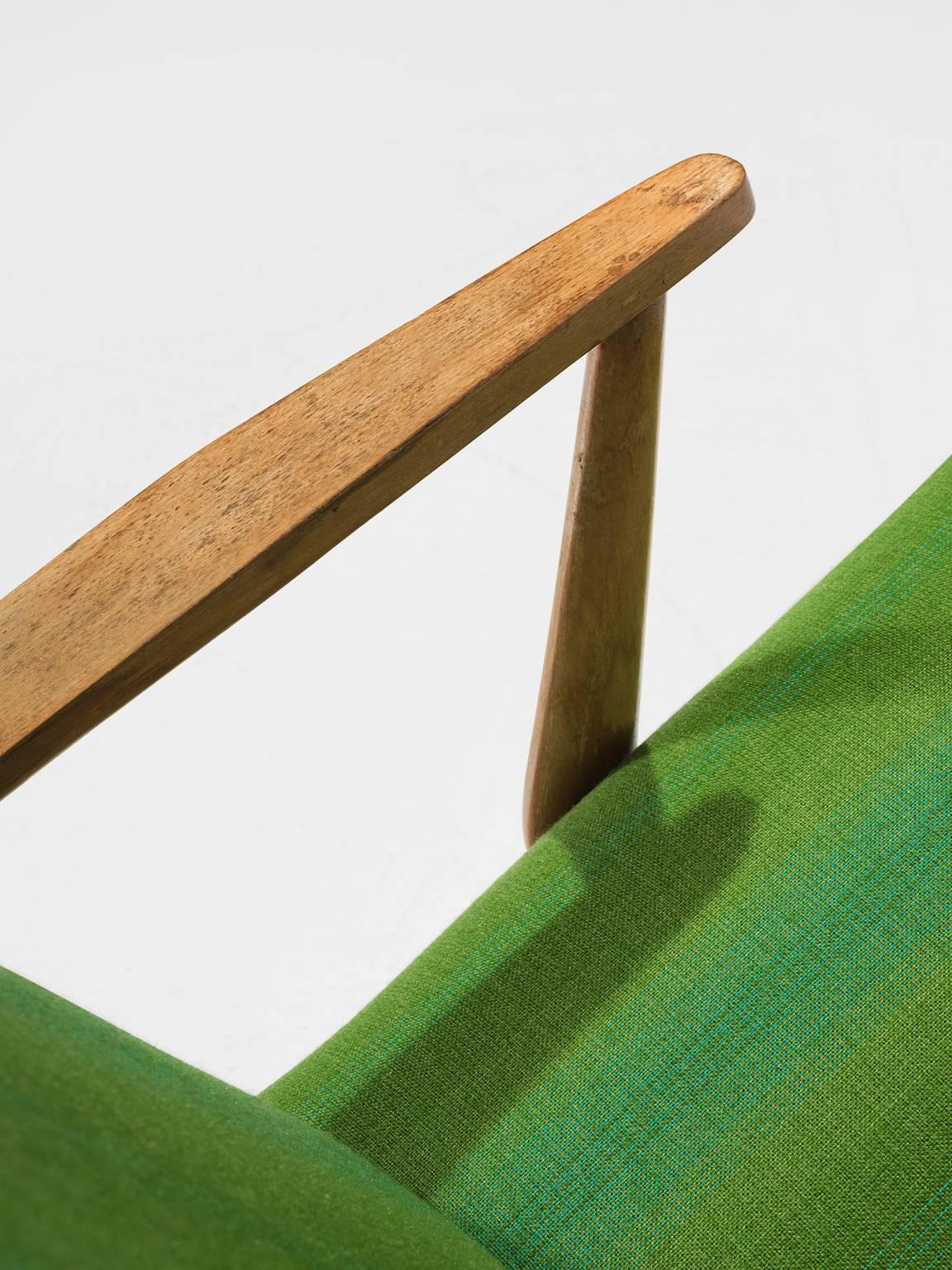 Fabric Oak Lounge Chairs in Green Upholstery