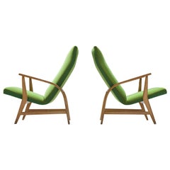 Oak Lounge Chairs in Green Upholstery