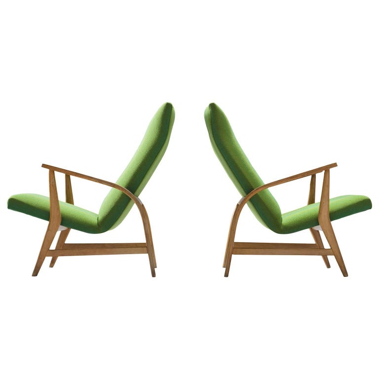 Oak Lounge Chairs in Green Upholstery at 1stDibs