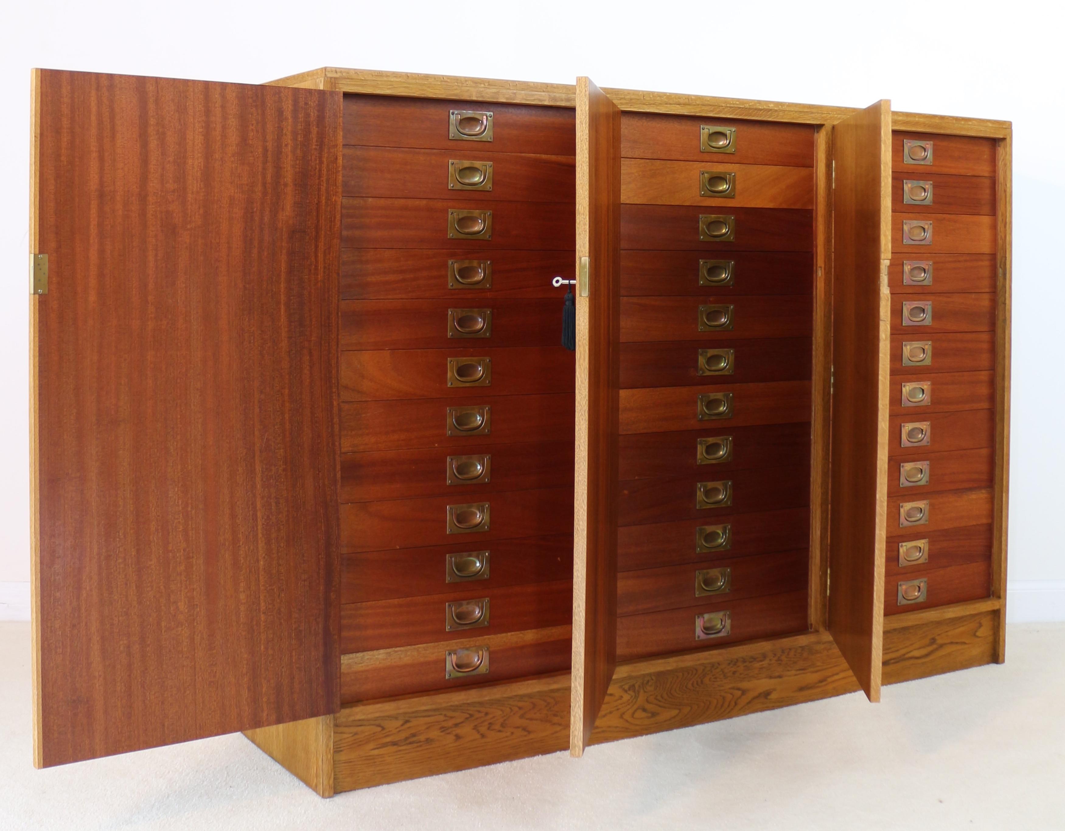 Brass Oak and Mahogany 36-Drawer Museum Collector’s Cabinet For Sale