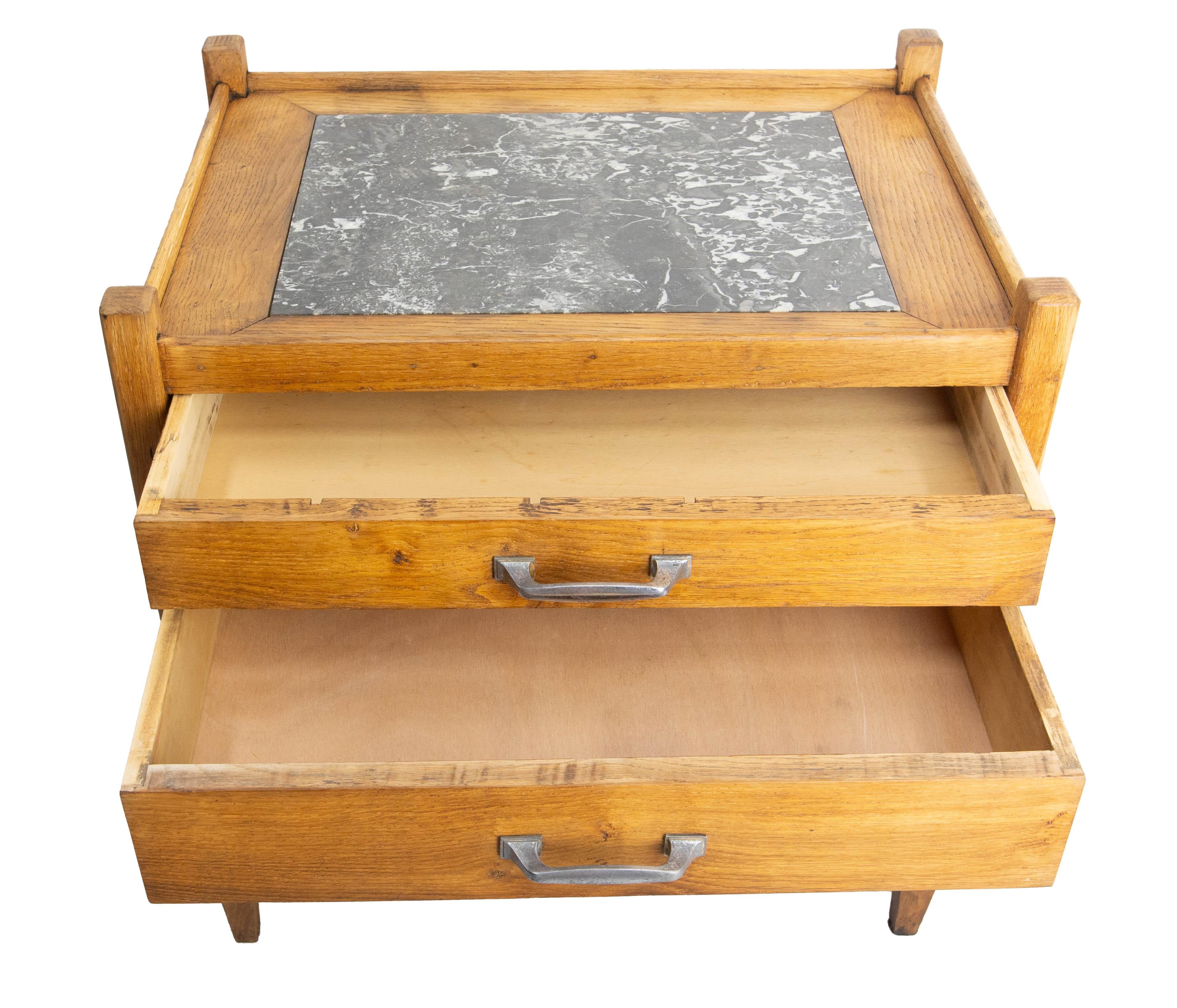 Mid-20th Century Oak & Marble Dessert with Two Drawers, circa 1940 France For Sale