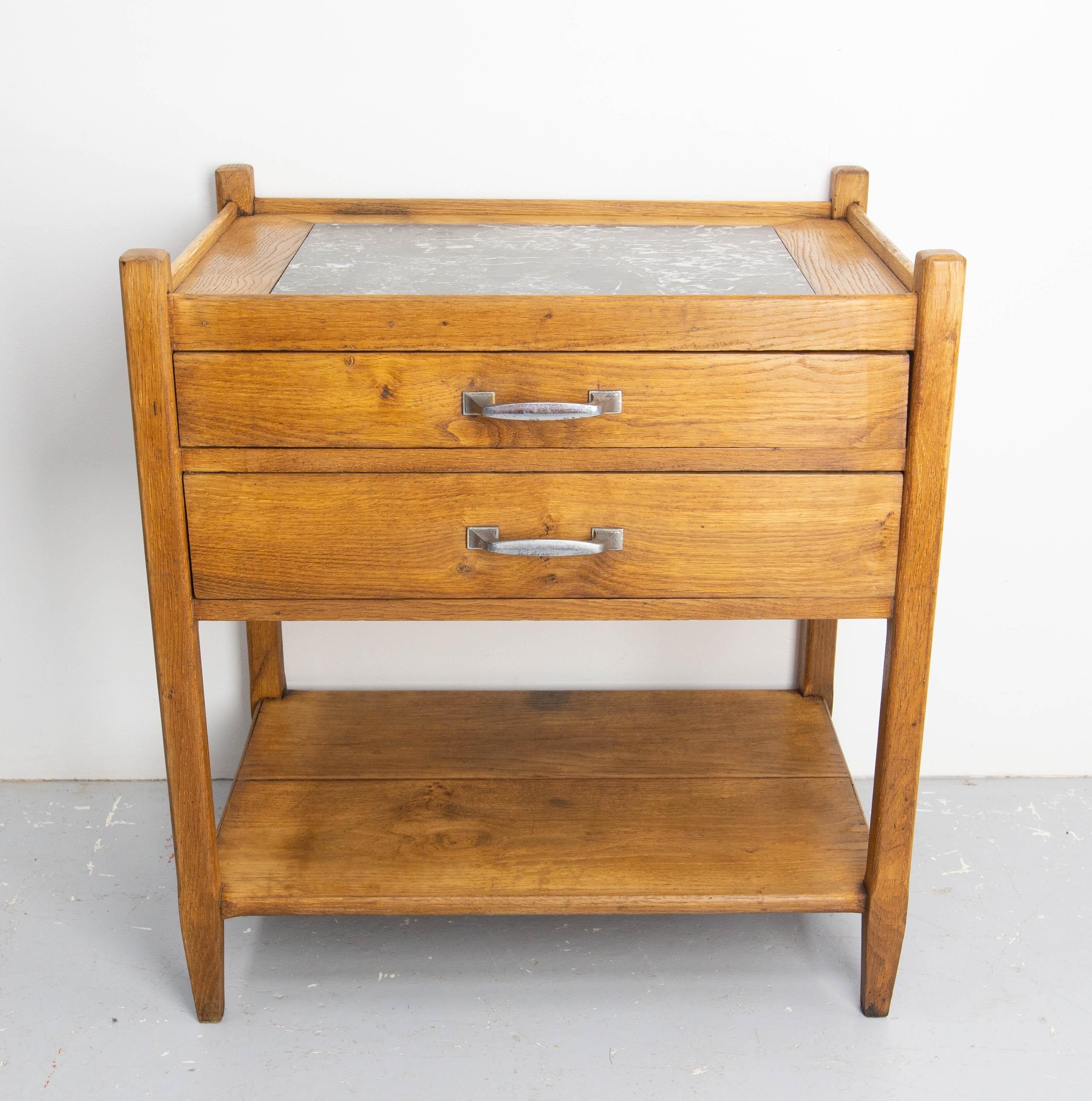 Oak & Marble Dessert with Two Drawers, circa 1940 France For Sale