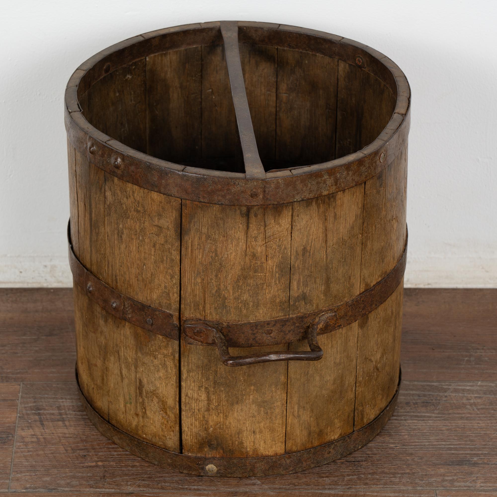 Country Oak Measuring Bucket with Metal Bands and Handles, Hungary circa 1920 For Sale