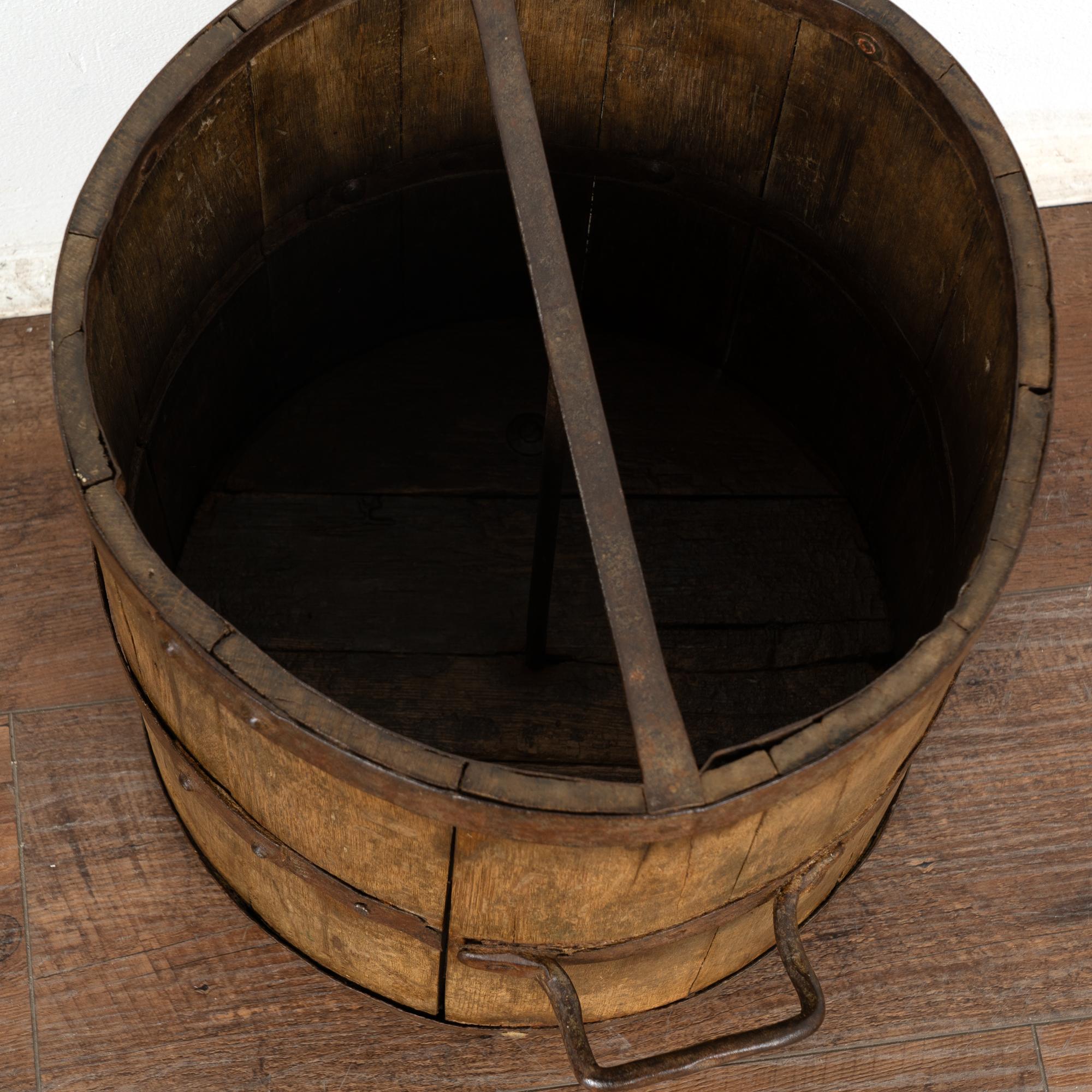 Hungarian Oak Measuring Bucket with Metal Bands and Handles, Hungary circa 1920 For Sale
