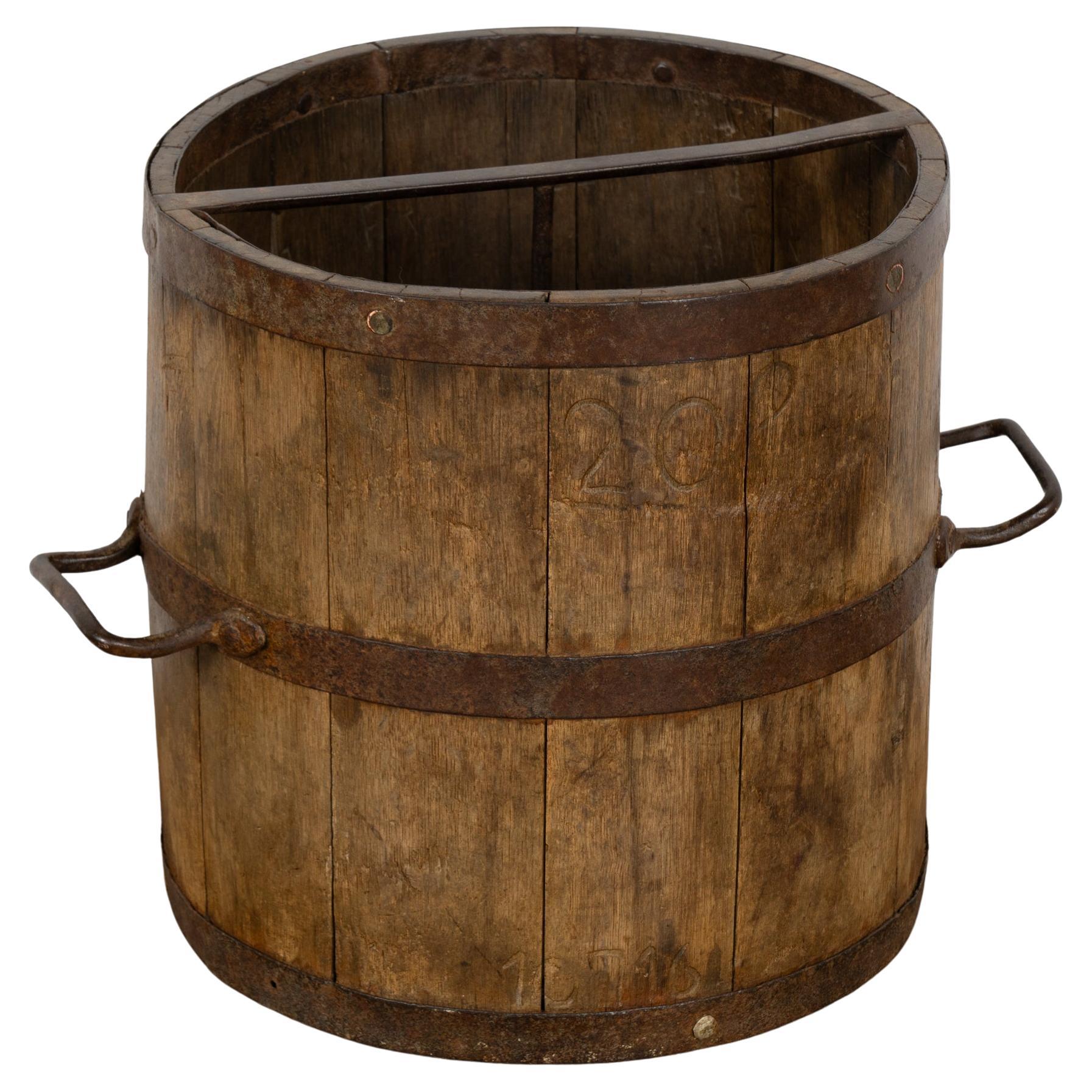 Oak Measuring Bucket with Metal Bands and Handles, Hungary circa 1920 For Sale