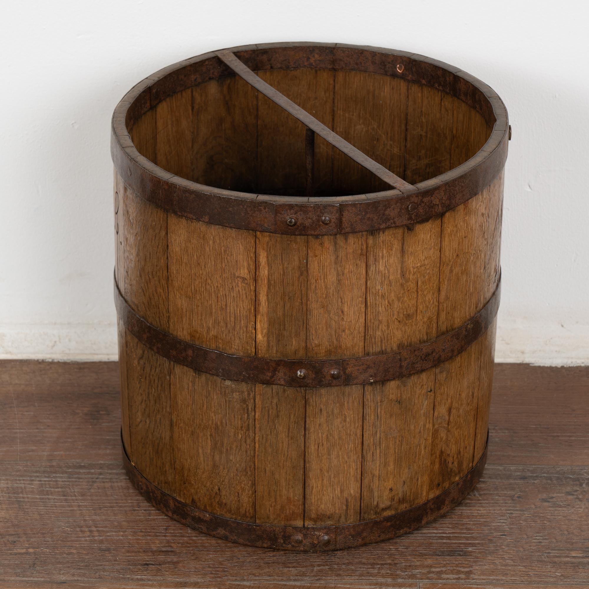 Hungarian Oak Measuring Bucket with Metal Bands, Hungary circa 1920 For Sale