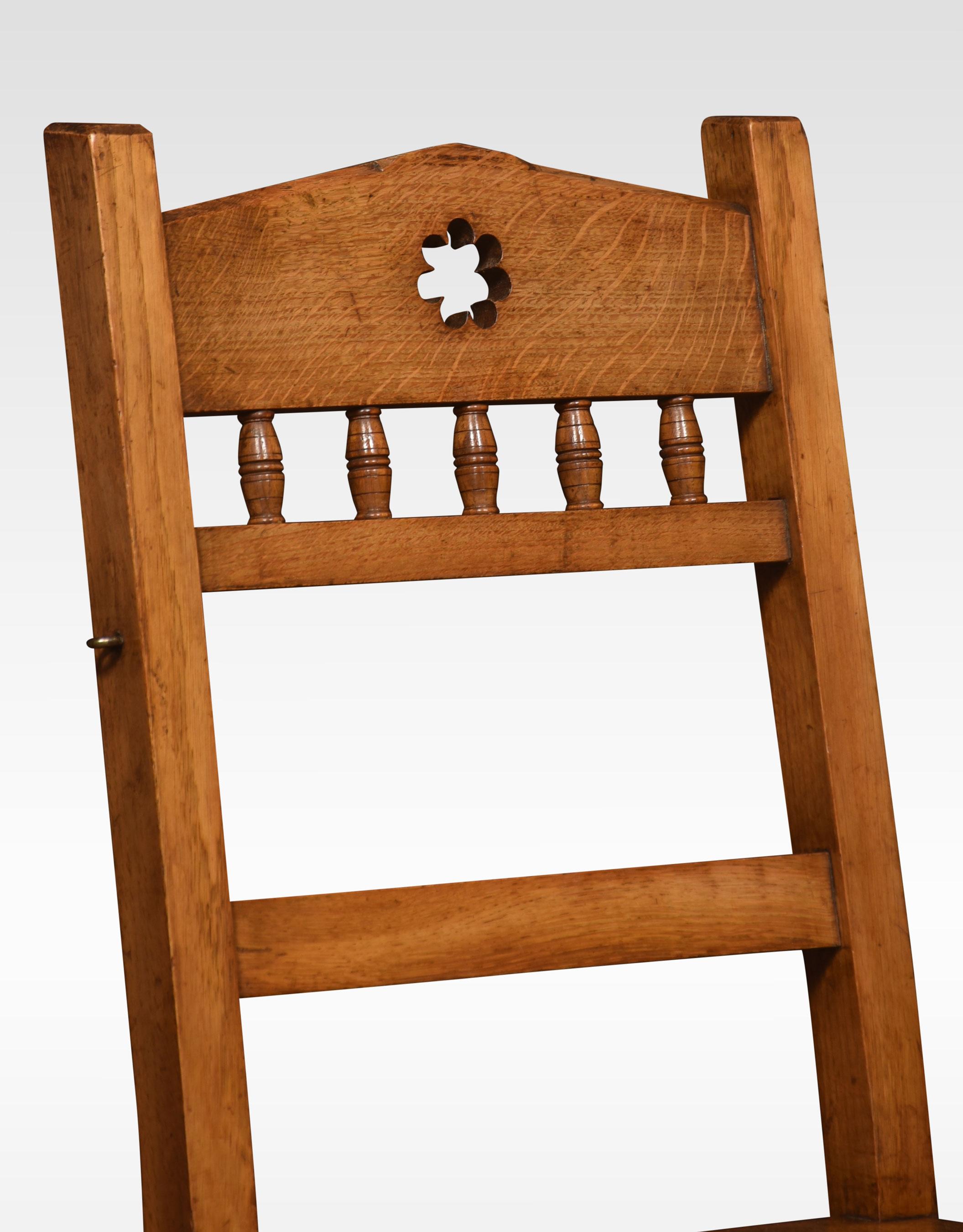 19th Century oak metamorphic chair, with spindle back above solid seat the chair opens into a sturdy set of Library steps.
Dimensions
Height 34.5 Inches height to seat 17.5 Inches
Width 17 Inches
Depth 16.5 Inches