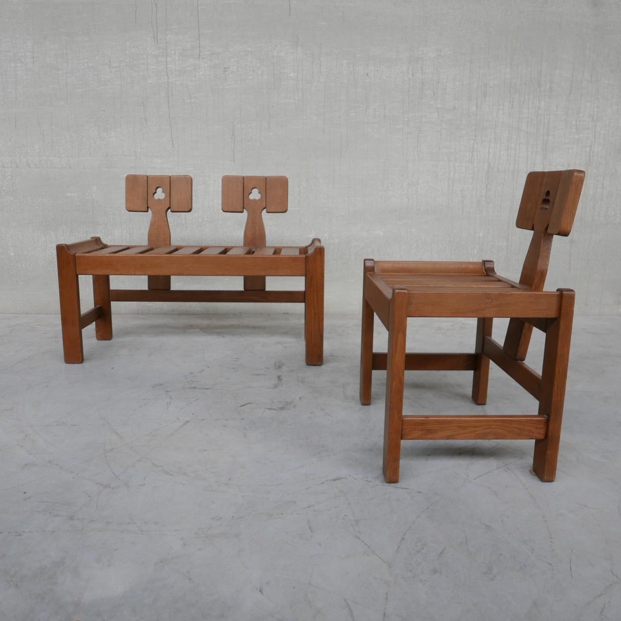 A two seater and single seater lounge chair. 

Formed from solid oak. 

France, c1960s. 

By French design legends, Guillerme et Chambron. 

A scarce model, possibly only eight of these models were made.

Price is for the set.