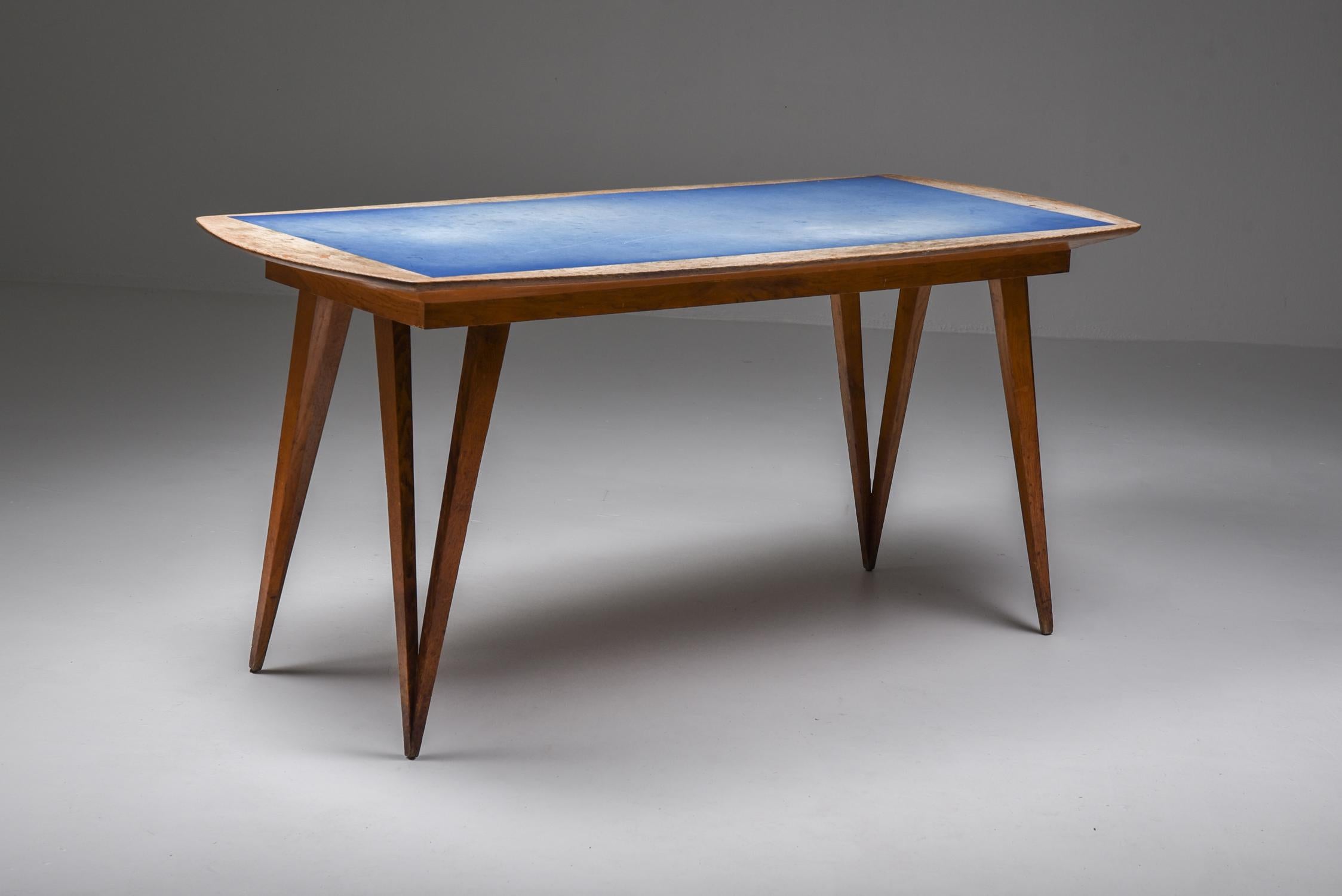 Oak Mid-Century Modern Dining Table on Pin Legs with Blue Top In Good Condition In Antwerp, BE