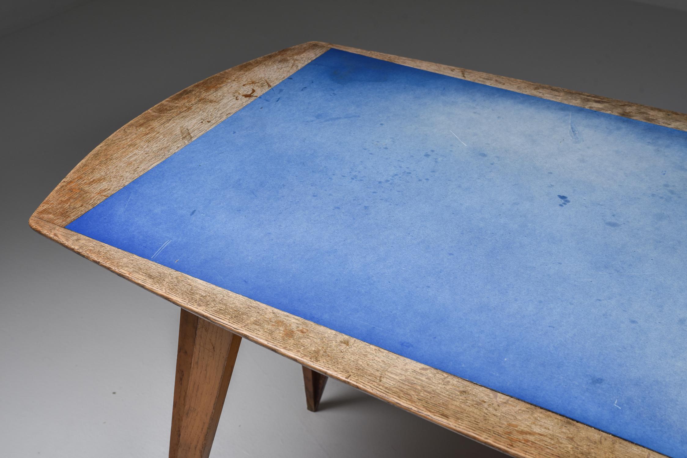 Mid-20th Century Oak Mid-Century Modern Dining Table on Pin Legs with Blue Top