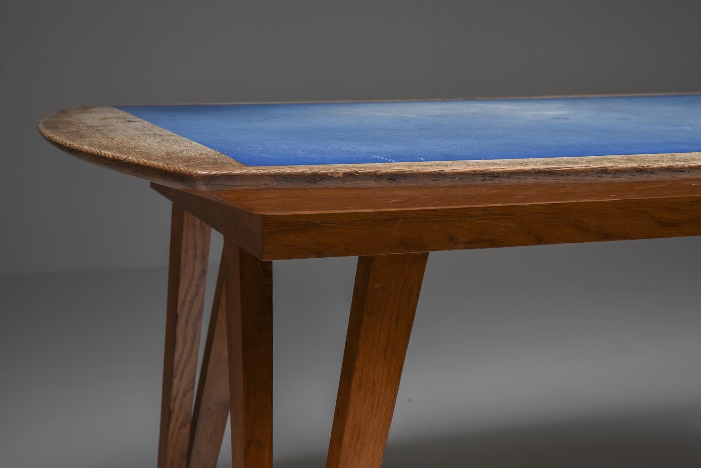 Formica Oak Mid-Century Modern Dining Table on Pin Legs with Blue Top