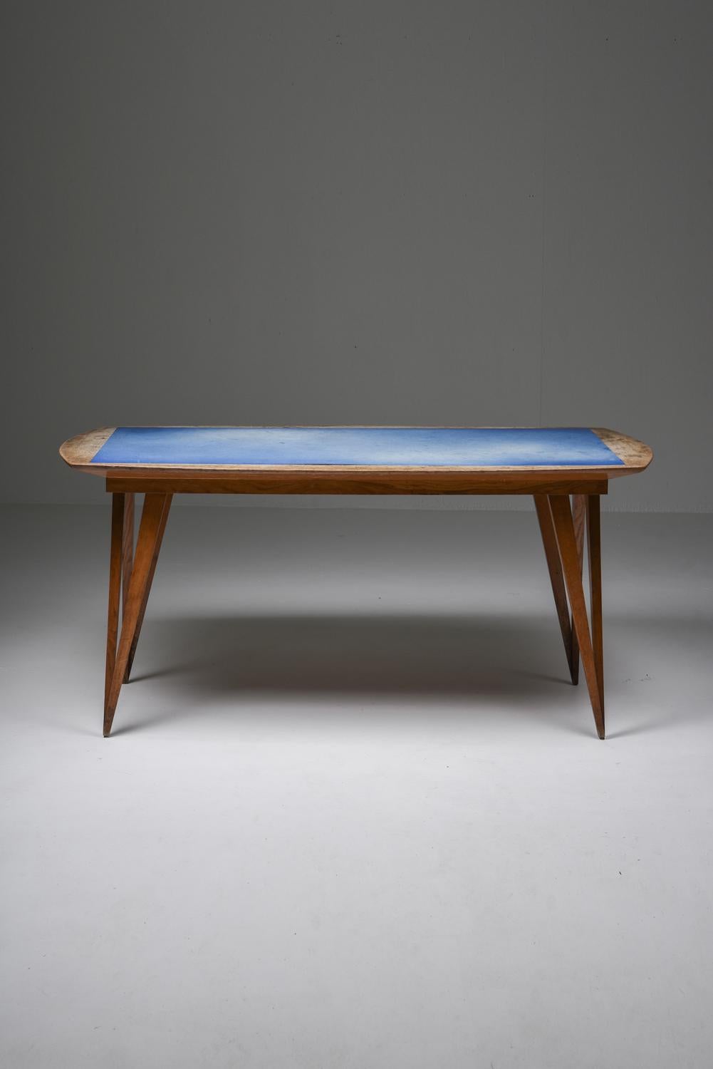 Oak Mid-Century Modern Dining Table on Pin Legs with Blue Top 1