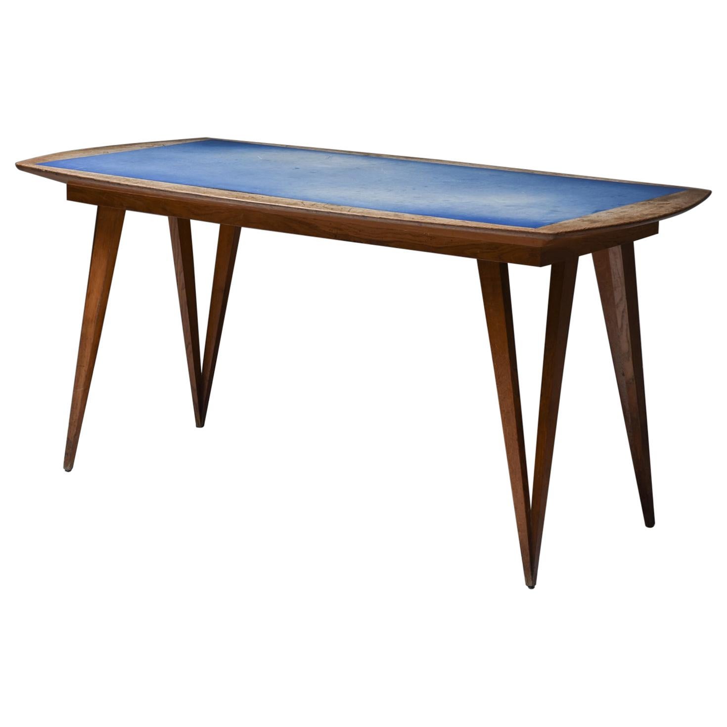 Oak Mid-Century Modern Dining Table on Pin Legs with Blue Top