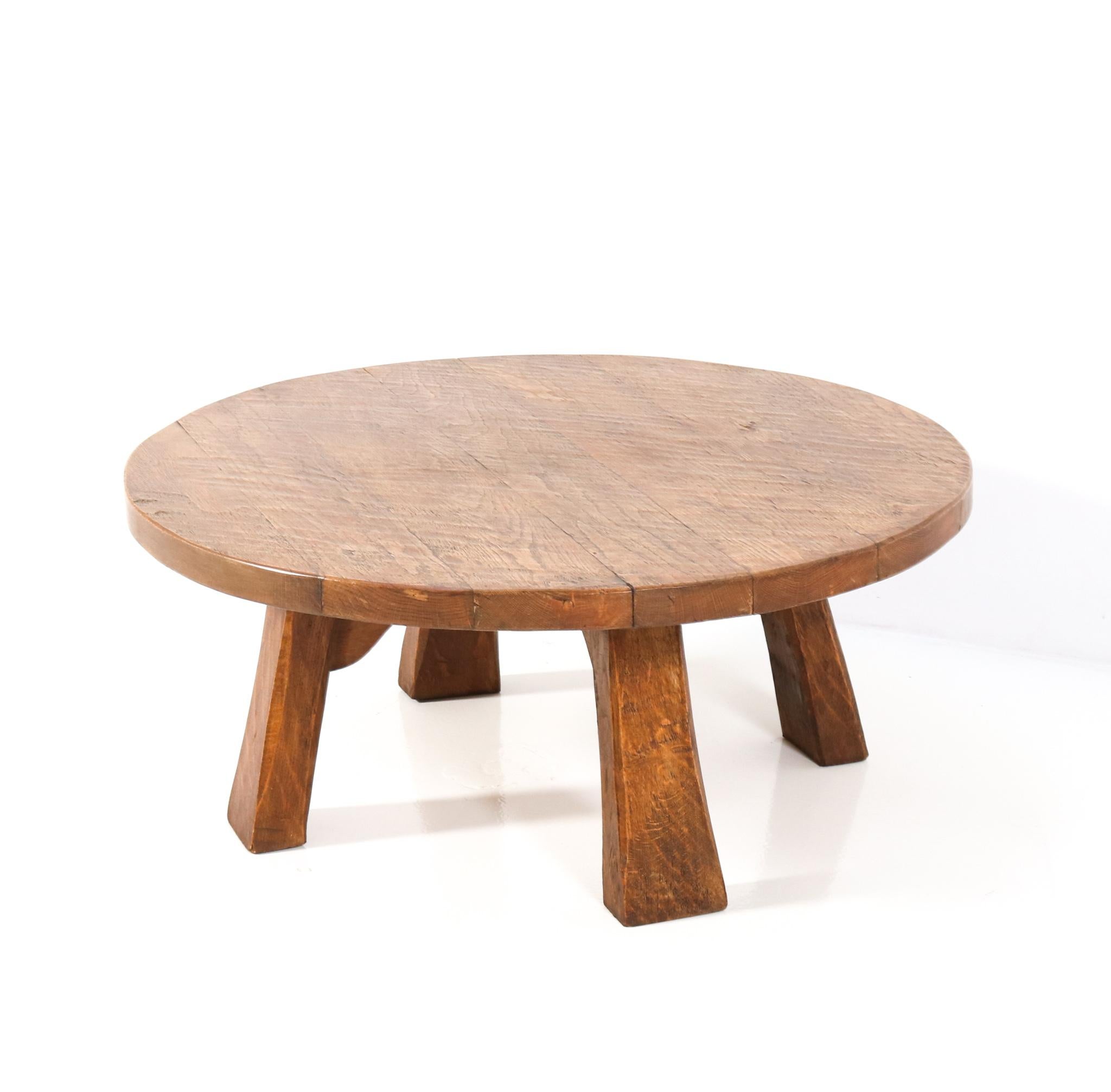 Dutch Oak Mid-Century Modern Rustic Brutalist Round Coffee Table, 1950s