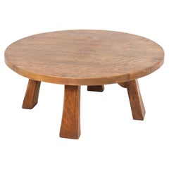 Oak Mid-Century Modern Rustic Brutalist Round Coffee Table, 1950s